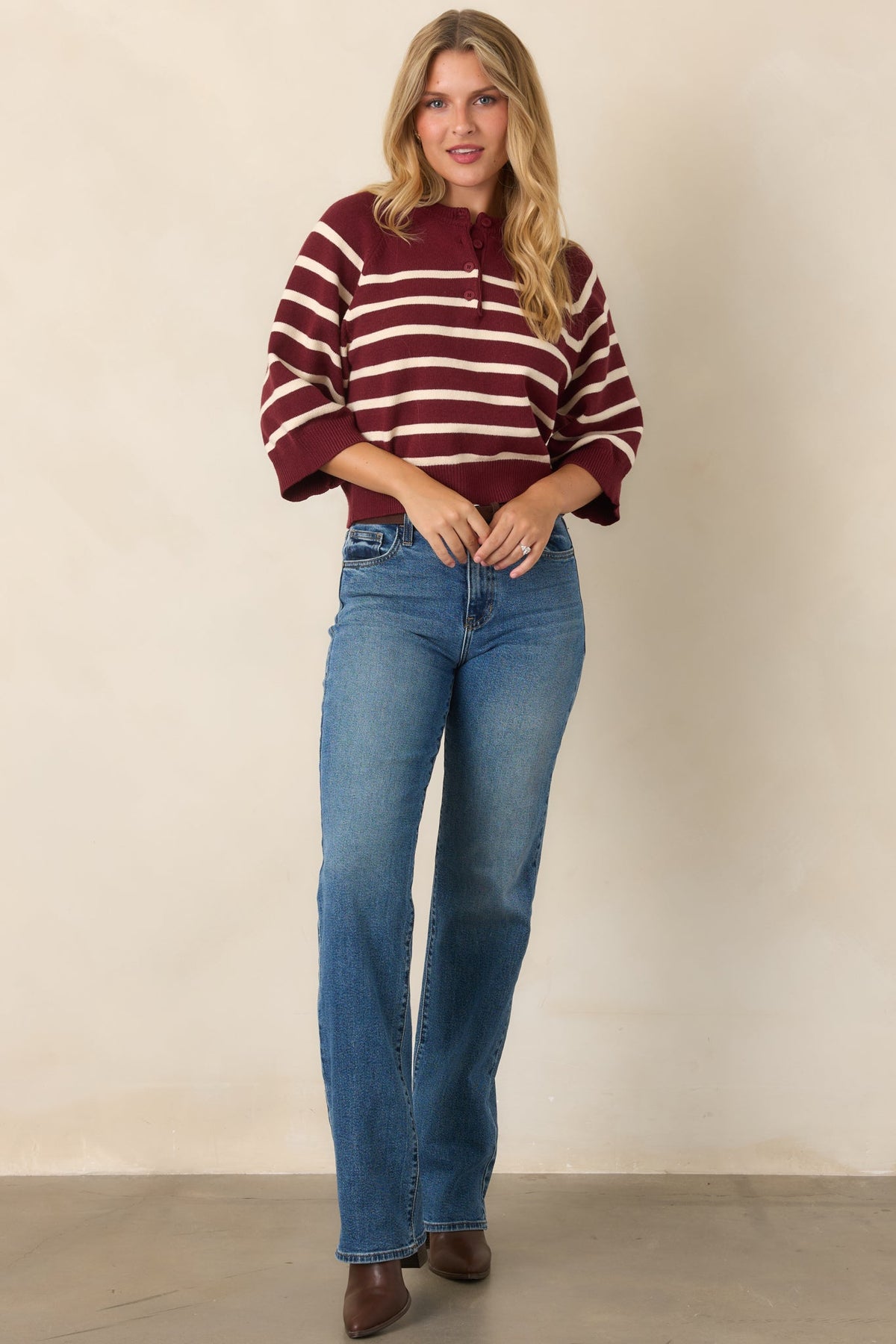 Right in Line Burgundy & Ivory Striped Henley Knit Sweater