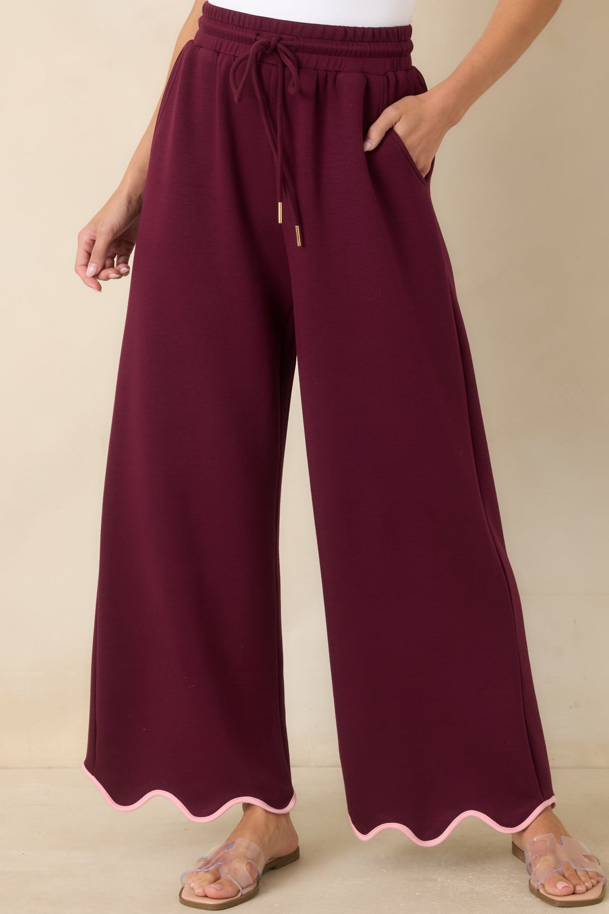 On My Time Burgundy Scalloped Trim Wide Leg Pants