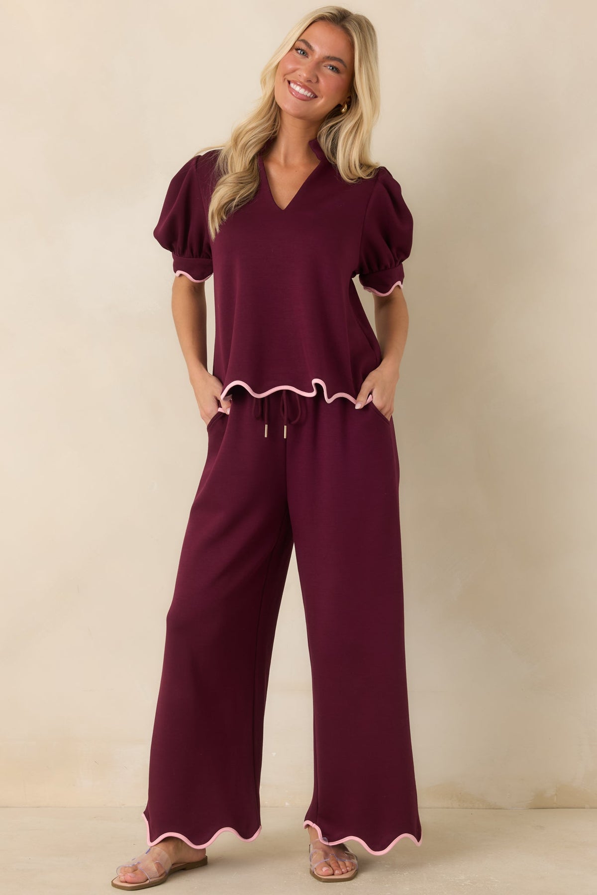 On My Time Burgundy Scalloped Trim Wide Leg Pants