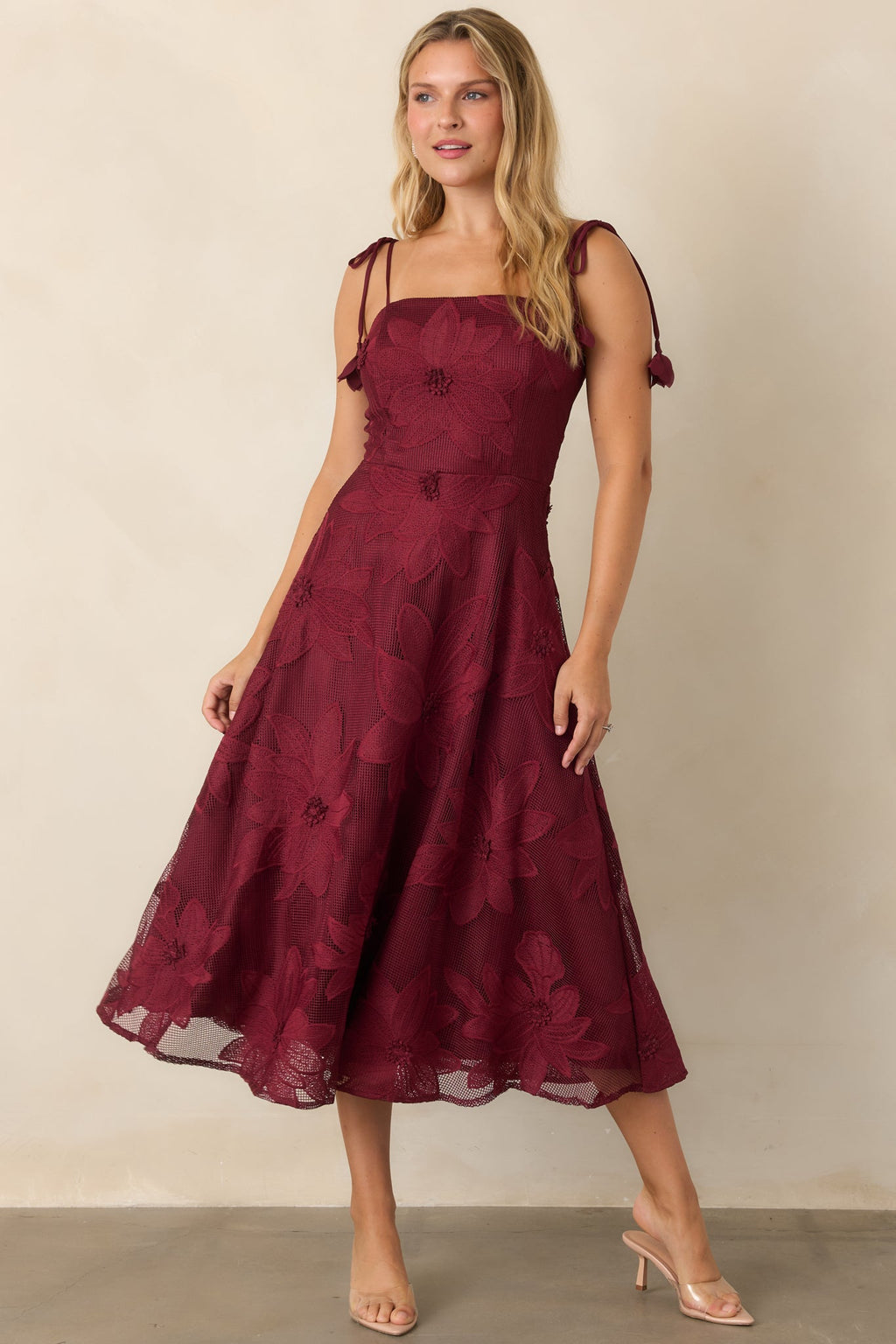 Blooming With Charisma Burgundy Floral Lace Tie Strap Midi Dress