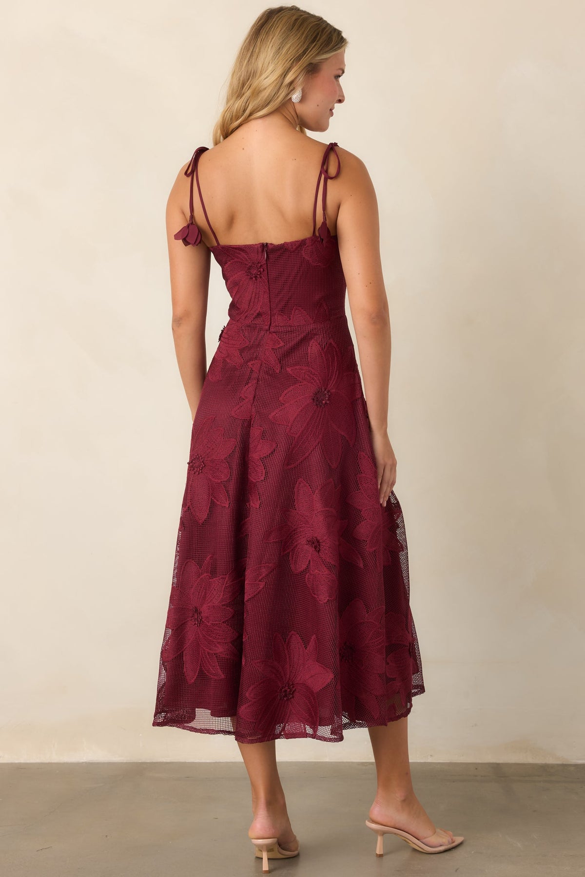 Blooming With Charisma Burgundy Floral Lace Tie Strap Midi Dress