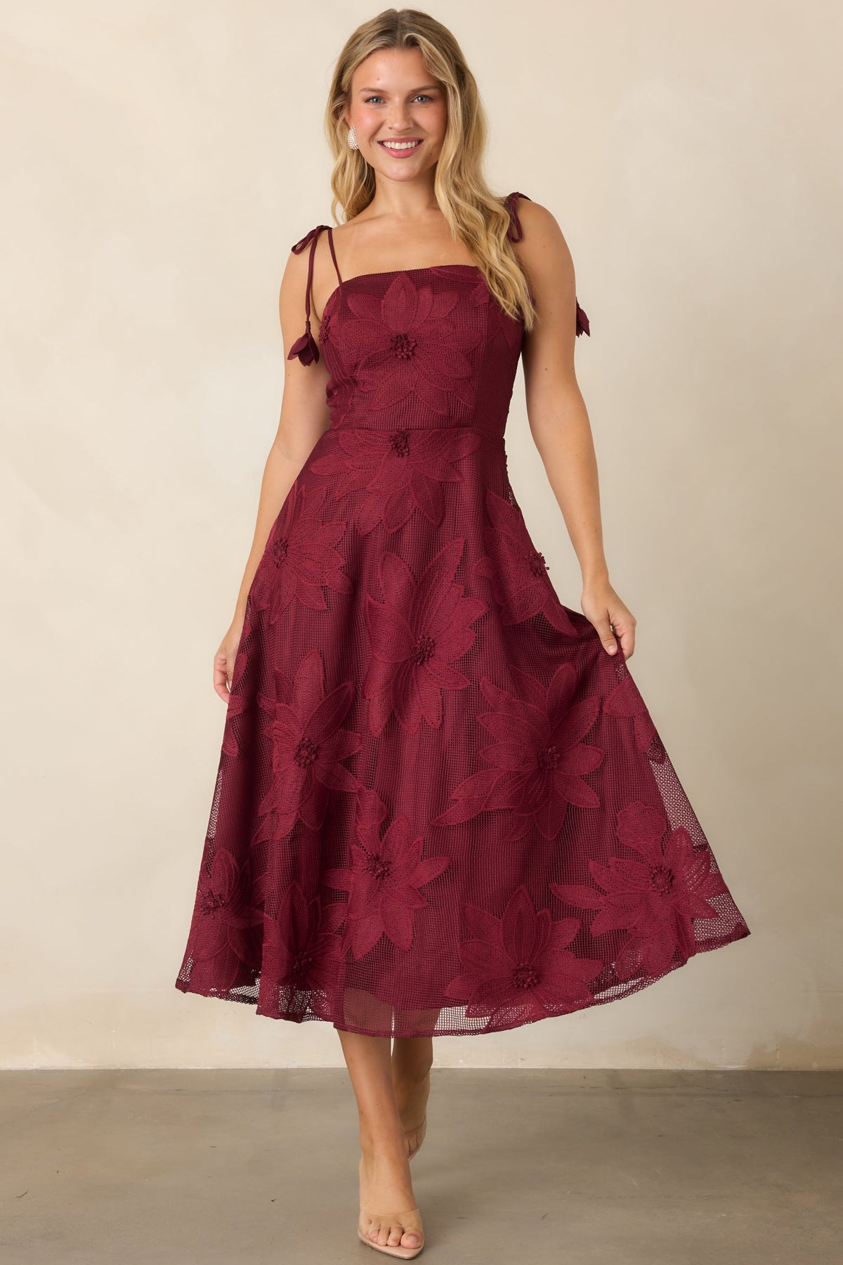 Blooming With Charisma Burgundy Floral Lace Tie Strap Midi Dress
