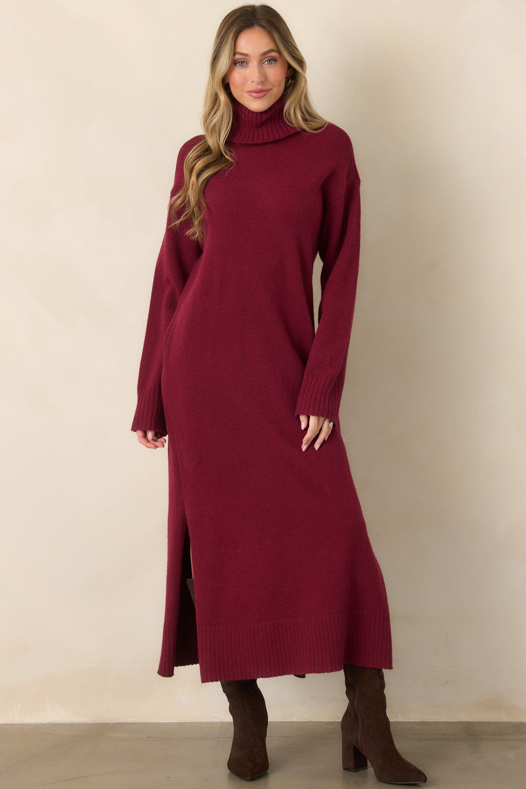 Toasty Thoughts Burgundy Red Knit Turtleneck Sweater Midi Dress