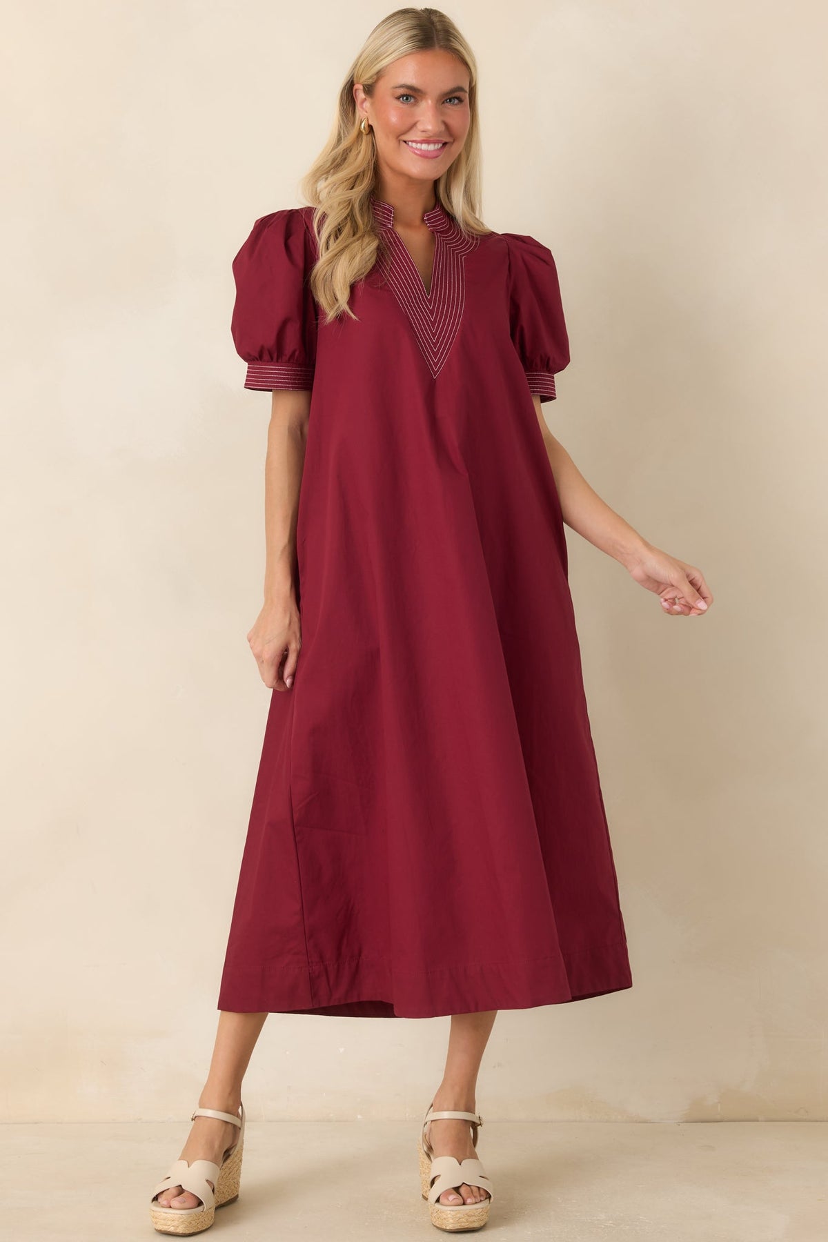 She Makes a Strong Point Burgundy Contrast Stitch Cotton Midi Dress