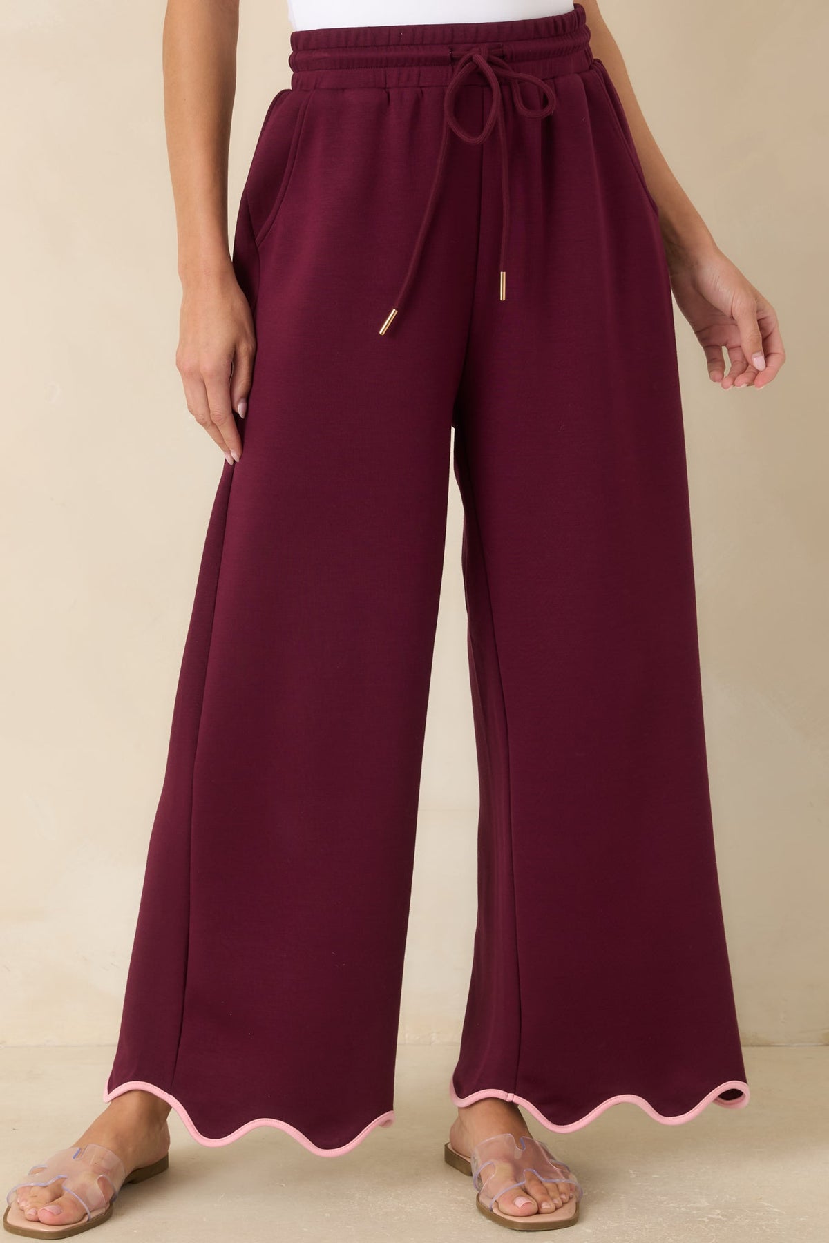 On My Time Burgundy Scalloped Trim Wide Leg Pants