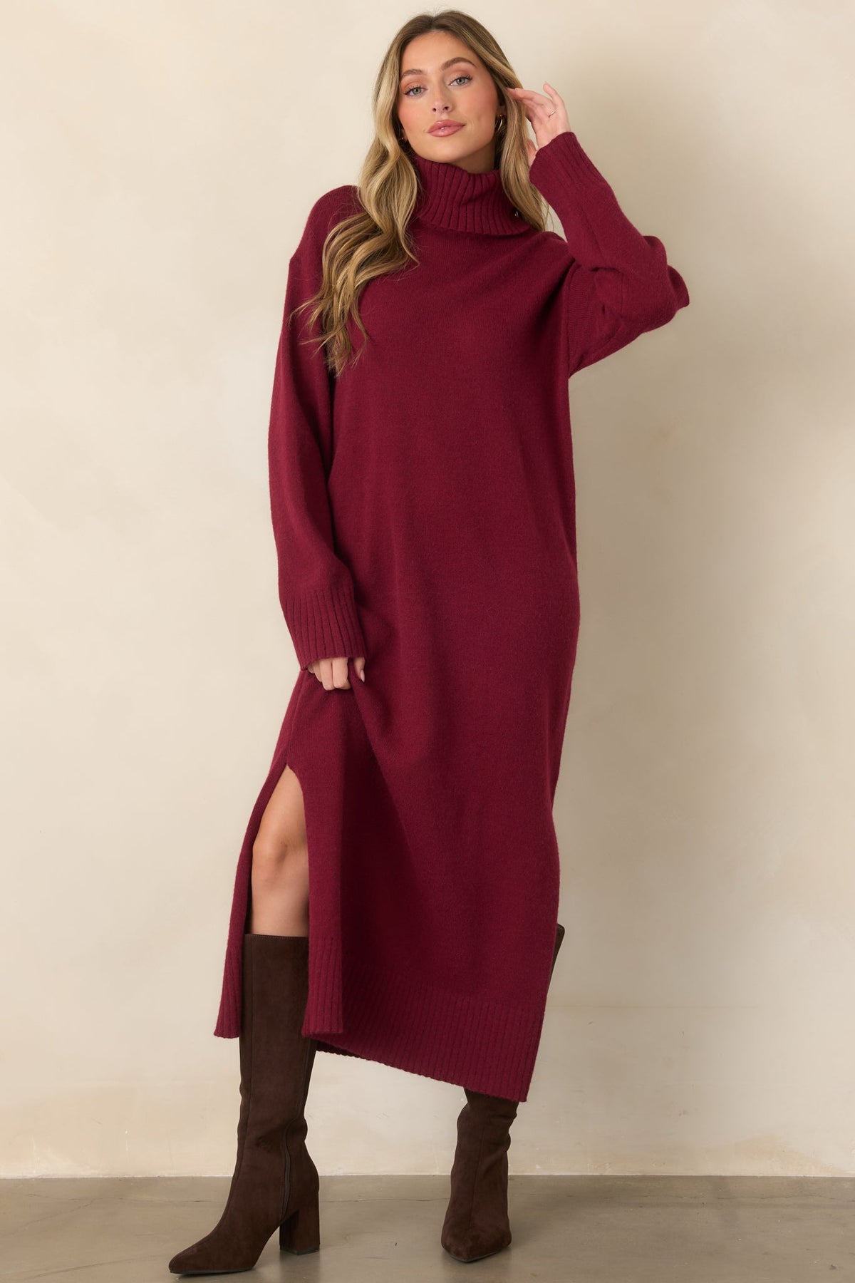Toasty Thoughts Burgundy Red Knit Turtleneck Sweater Midi Dress