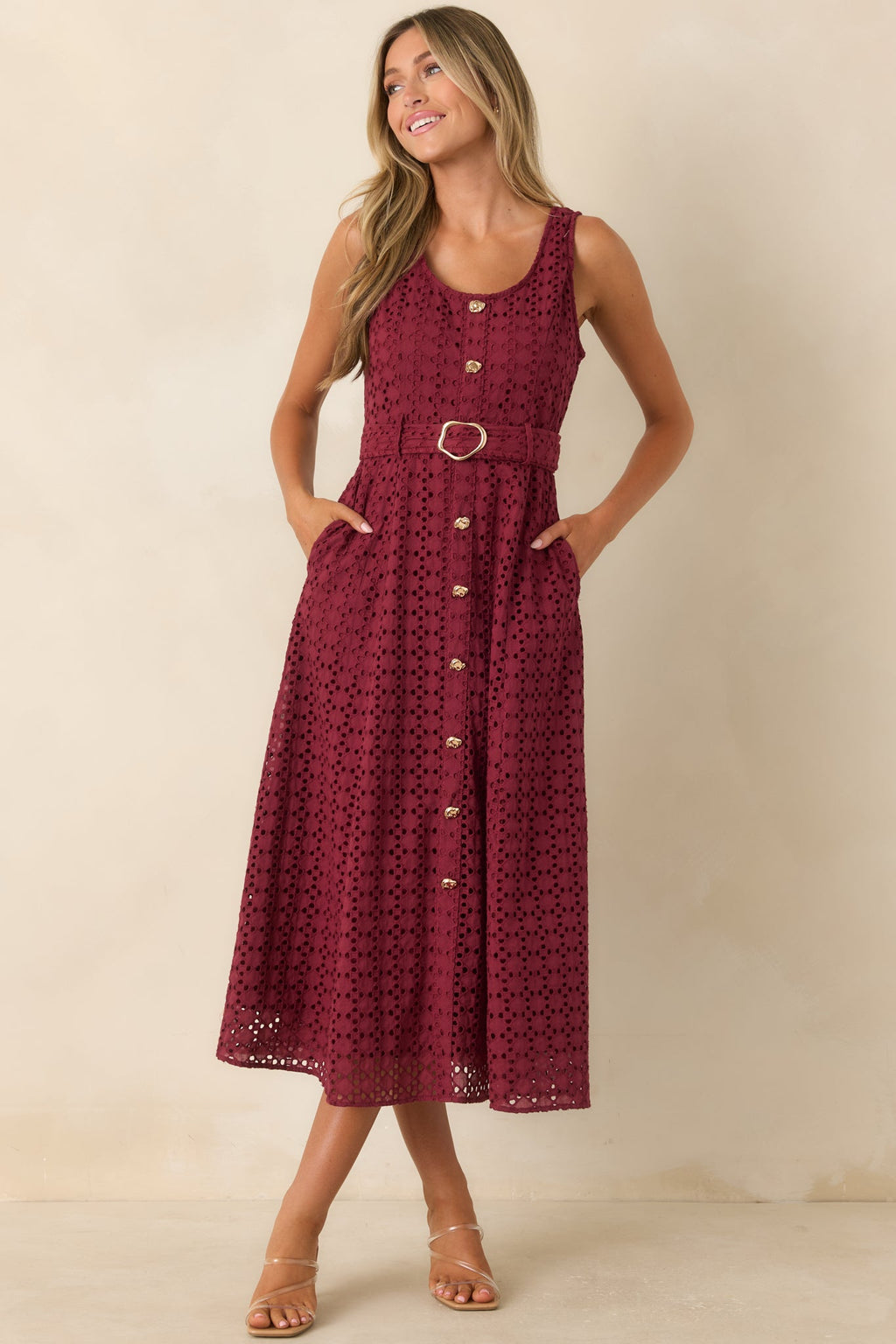 Garden Society Burgundy Cotton Eyelet Sleeveless Midi Dress