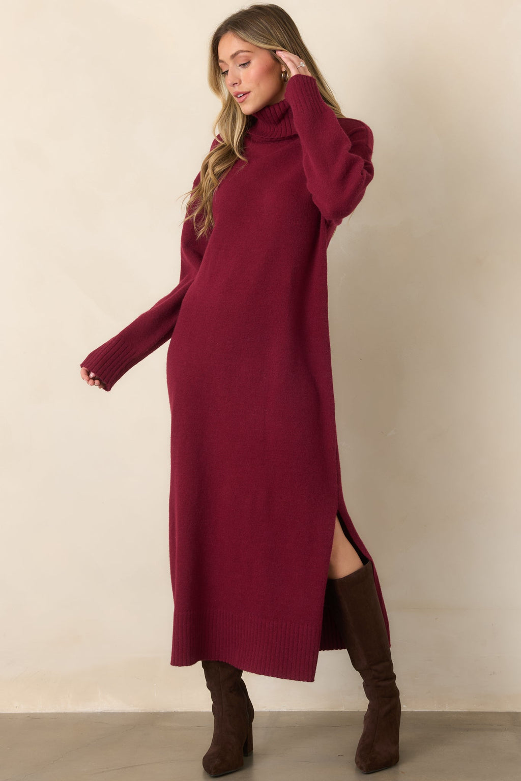 Toasty Thoughts Burgundy Red Knit Turtleneck Sweater Midi Dress