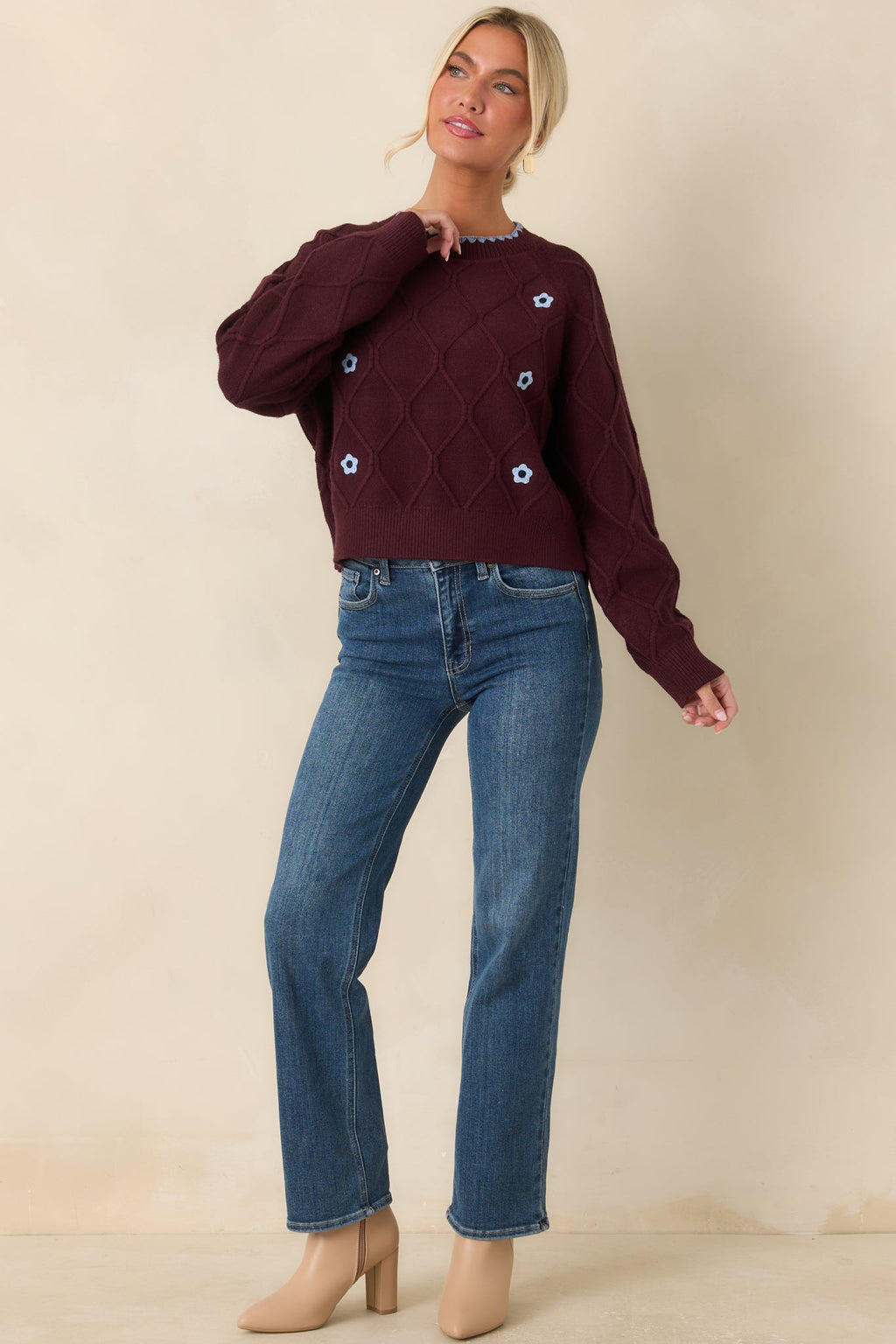 In Blooming Detail Burgundy Floral Textured Sweater