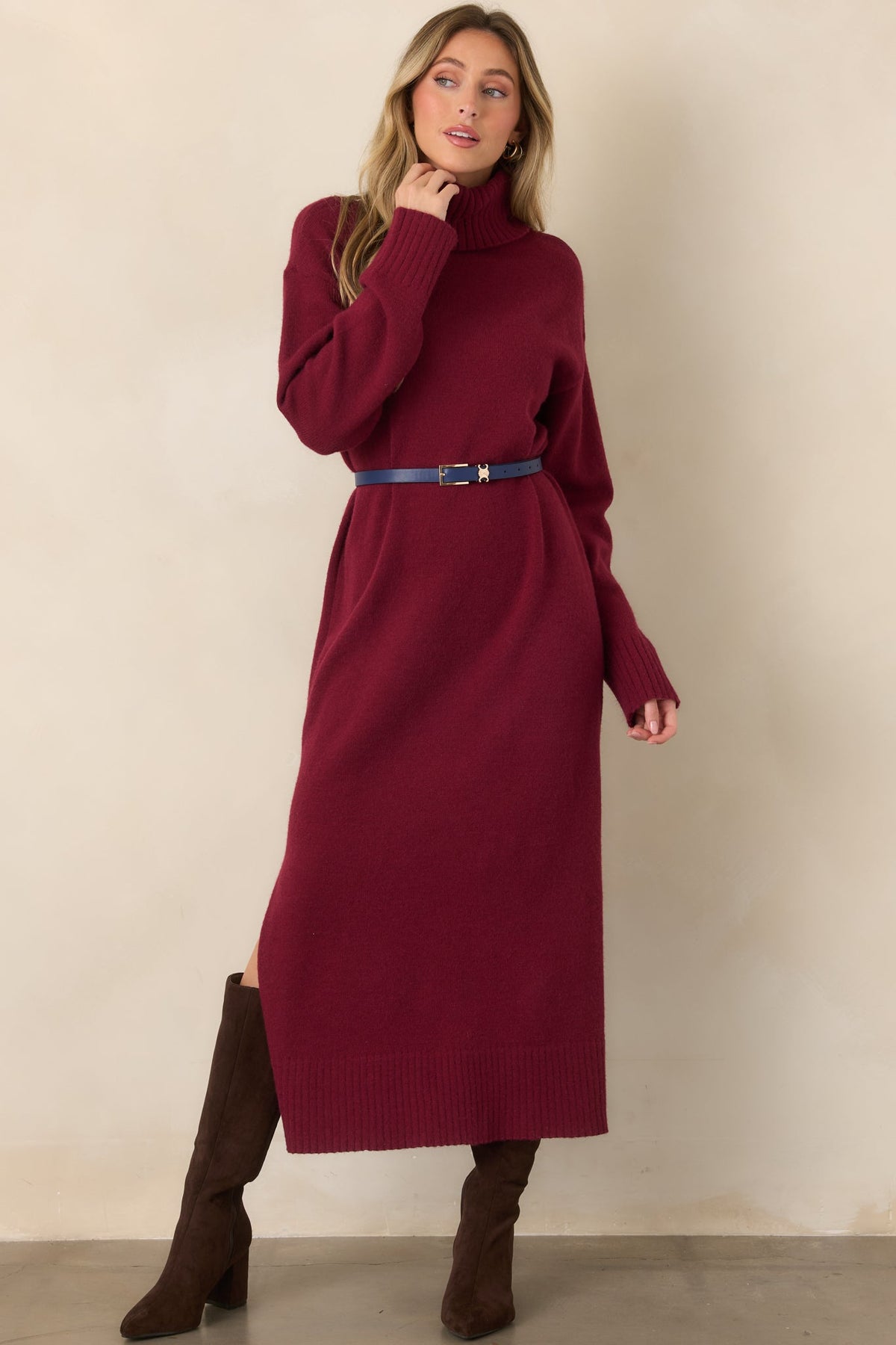 Toasty Thoughts Burgundy Red Knit Turtleneck Sweater Midi Dress