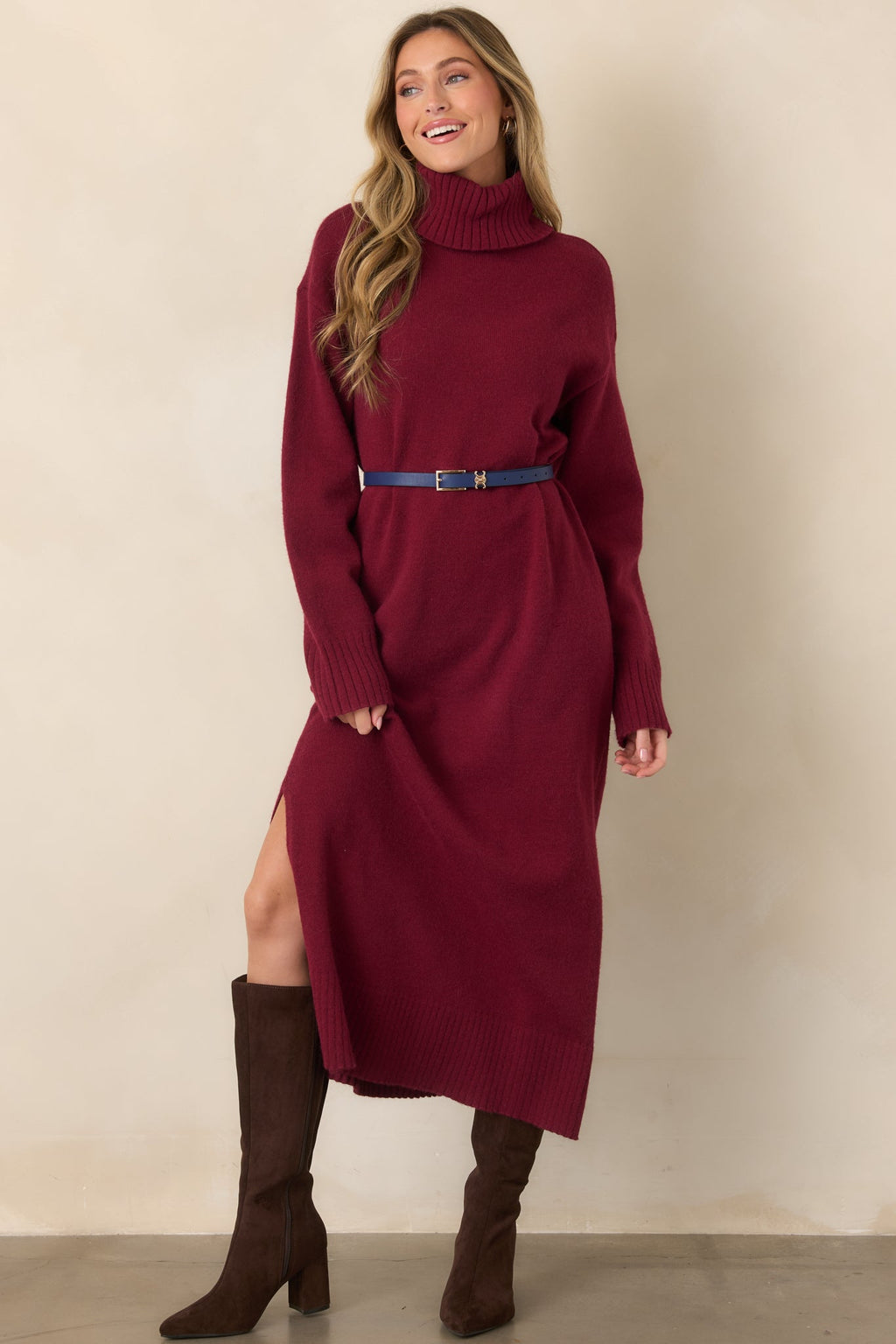 Toasty Thoughts Burgundy Red Knit Turtleneck Sweater Midi Dress