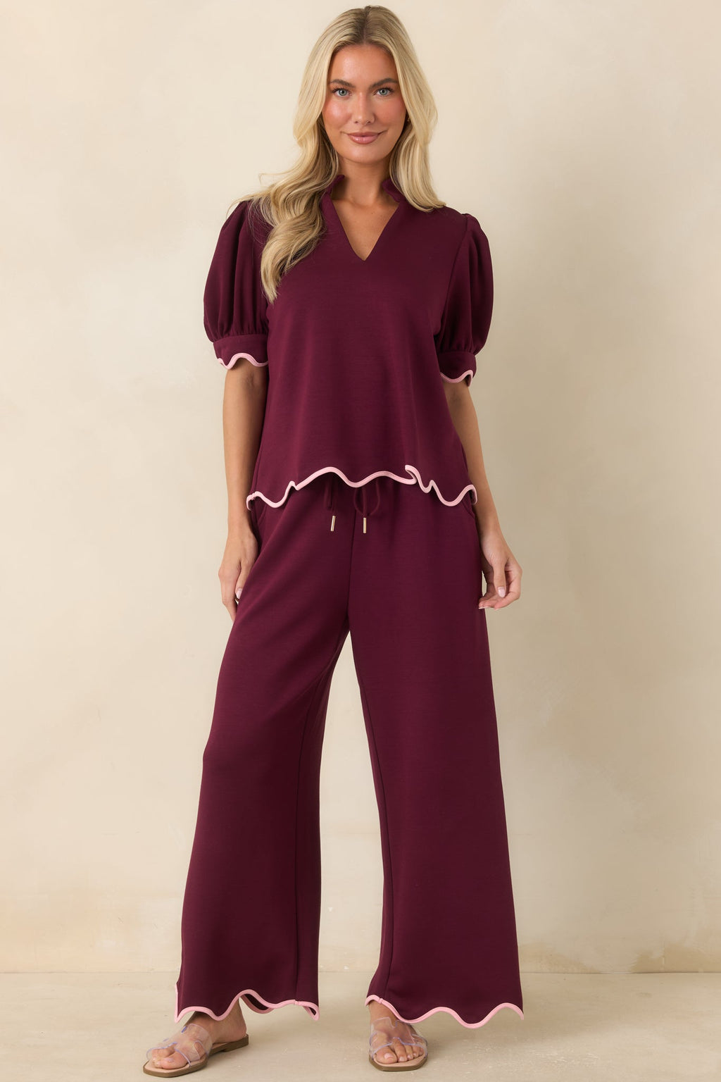 On My Time Burgundy Scalloped Trim Wide Leg Pants