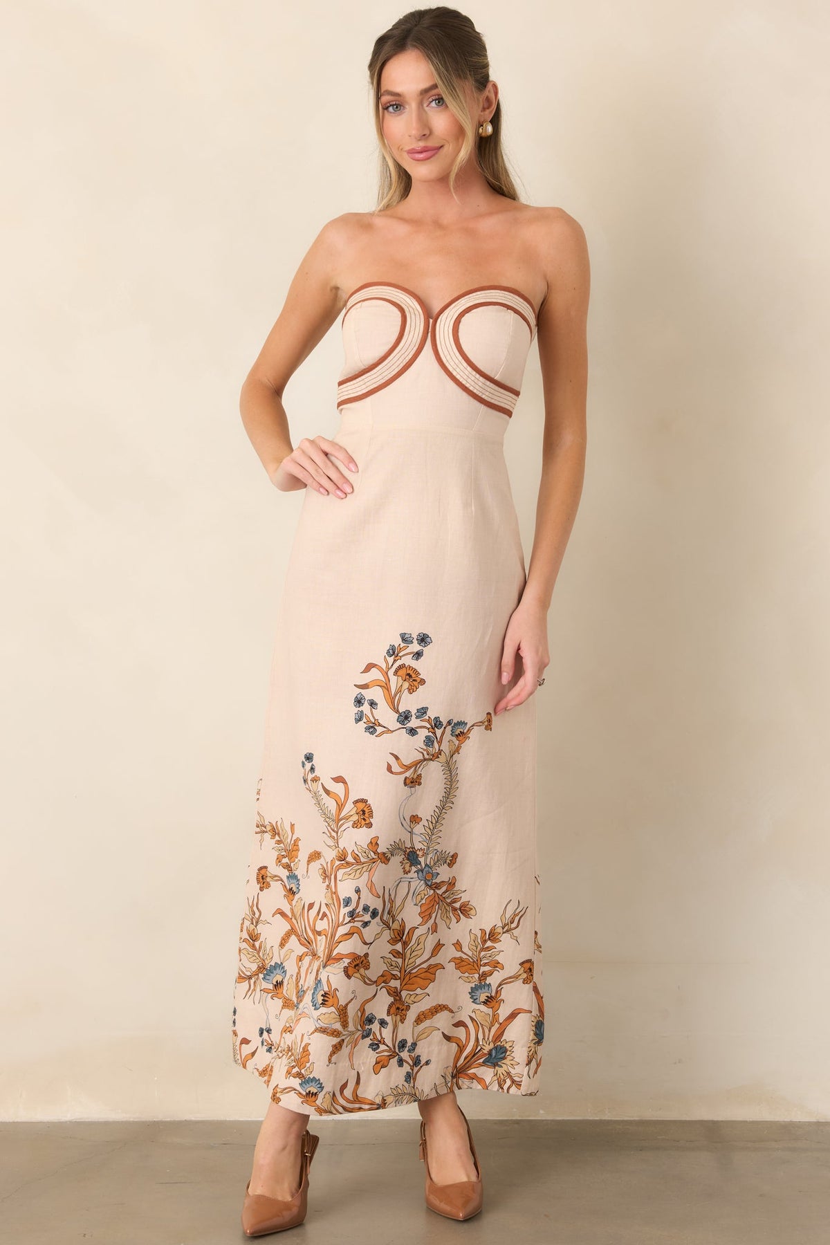 Anna Cate Hayden Ivory Faun Floral Strapless Midi Dress