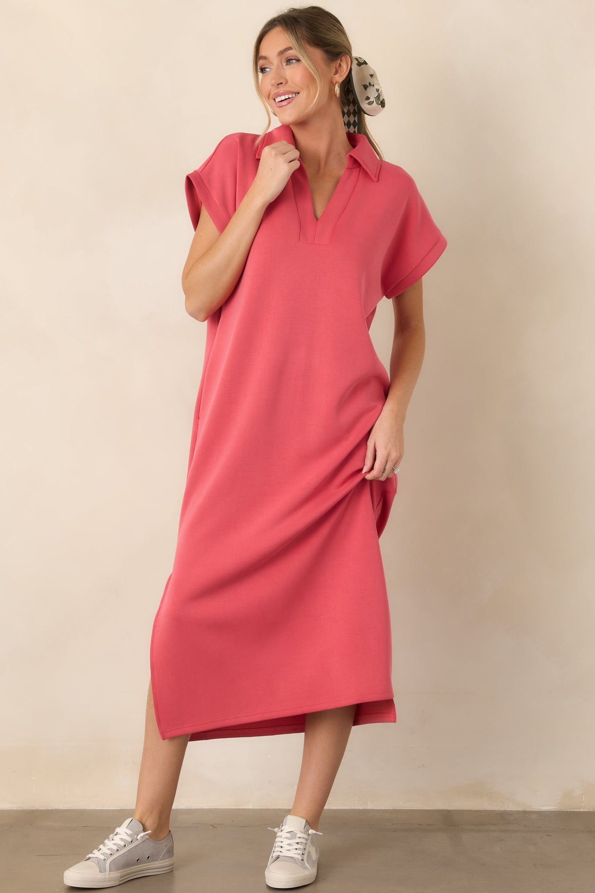Made The Right Call Coral Pink Collared Midi T-Shirt Dress