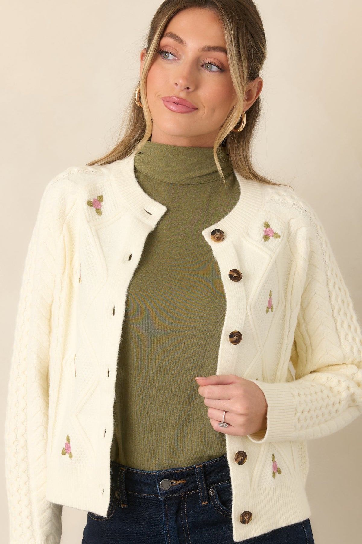 Rose to the Occasion Ivory Floral Embroidered Cable Knit Cardigan