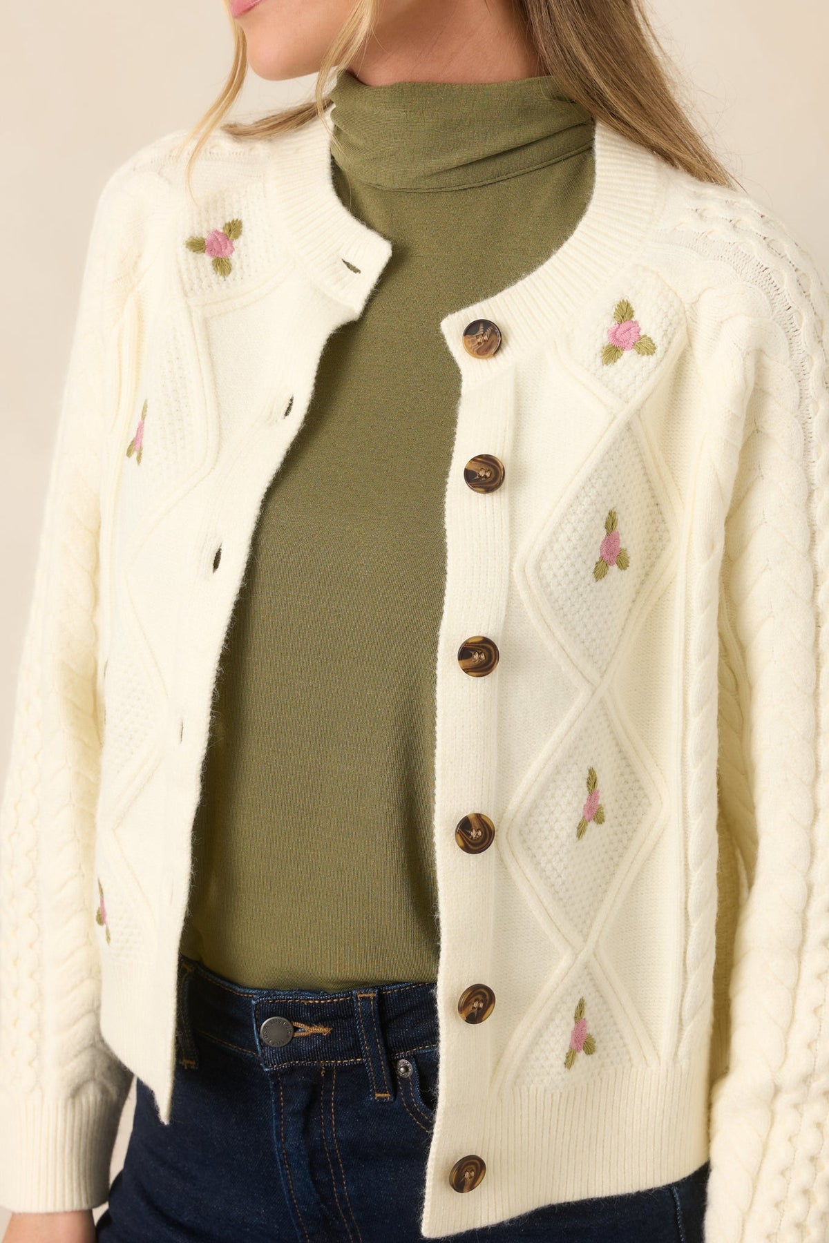 Rose to the Occasion Ivory Floral Embroidered Cable Knit Cardigan