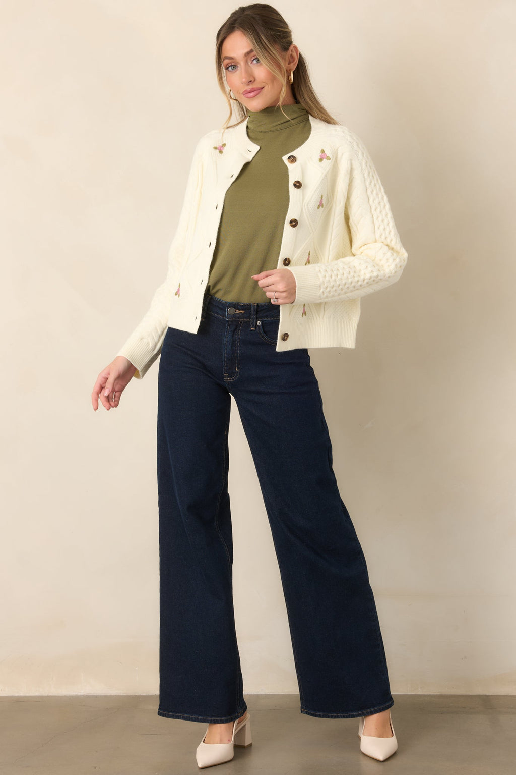 Rose to the Occasion Ivory Floral Embroidered Cable Knit Cardigan