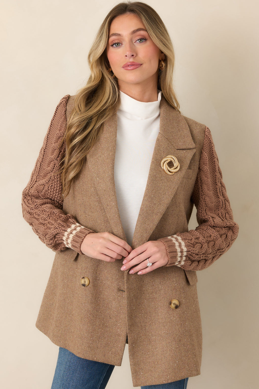 Well Suited Camel Wool Blend Knit Sweater Sleeve Blazer