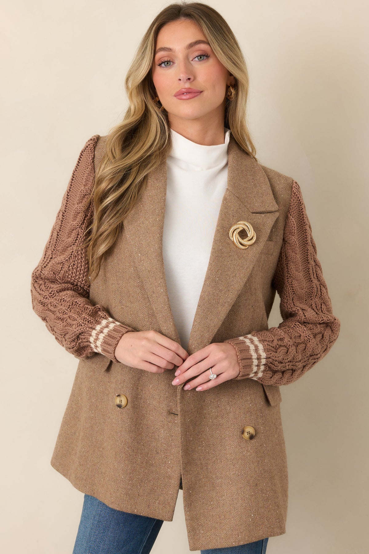 Well Suited Camel Wool Blend Knit Sweater Sleeve Blazer