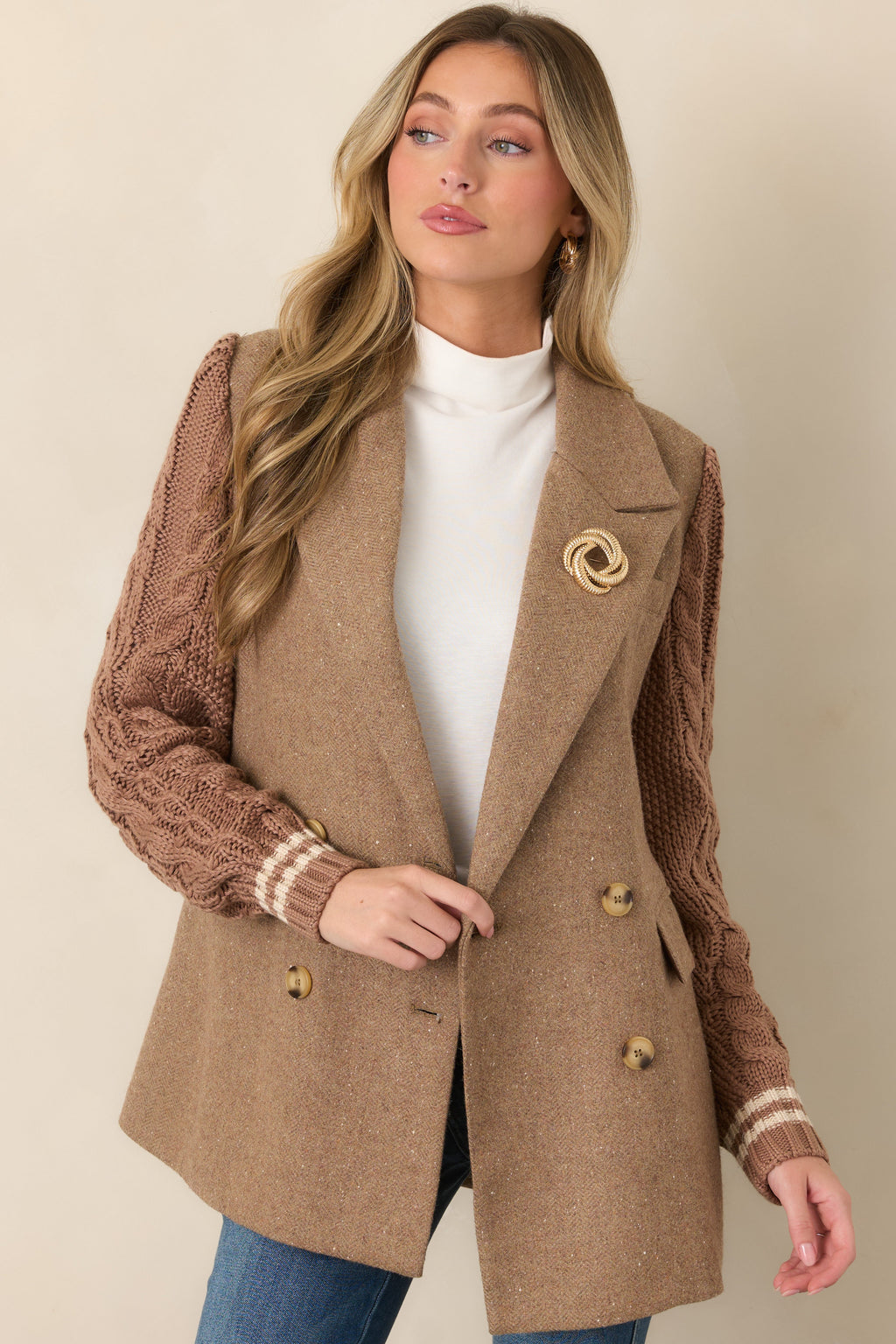 Well Suited Camel Wool Blend Knit Sweater Sleeve Blazer