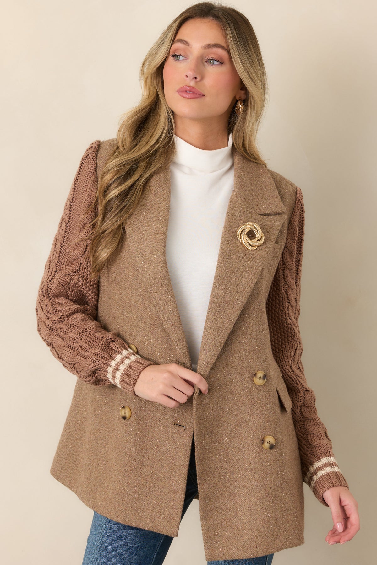 Well Suited Camel Wool Blend Knit Sweater Sleeve Blazer