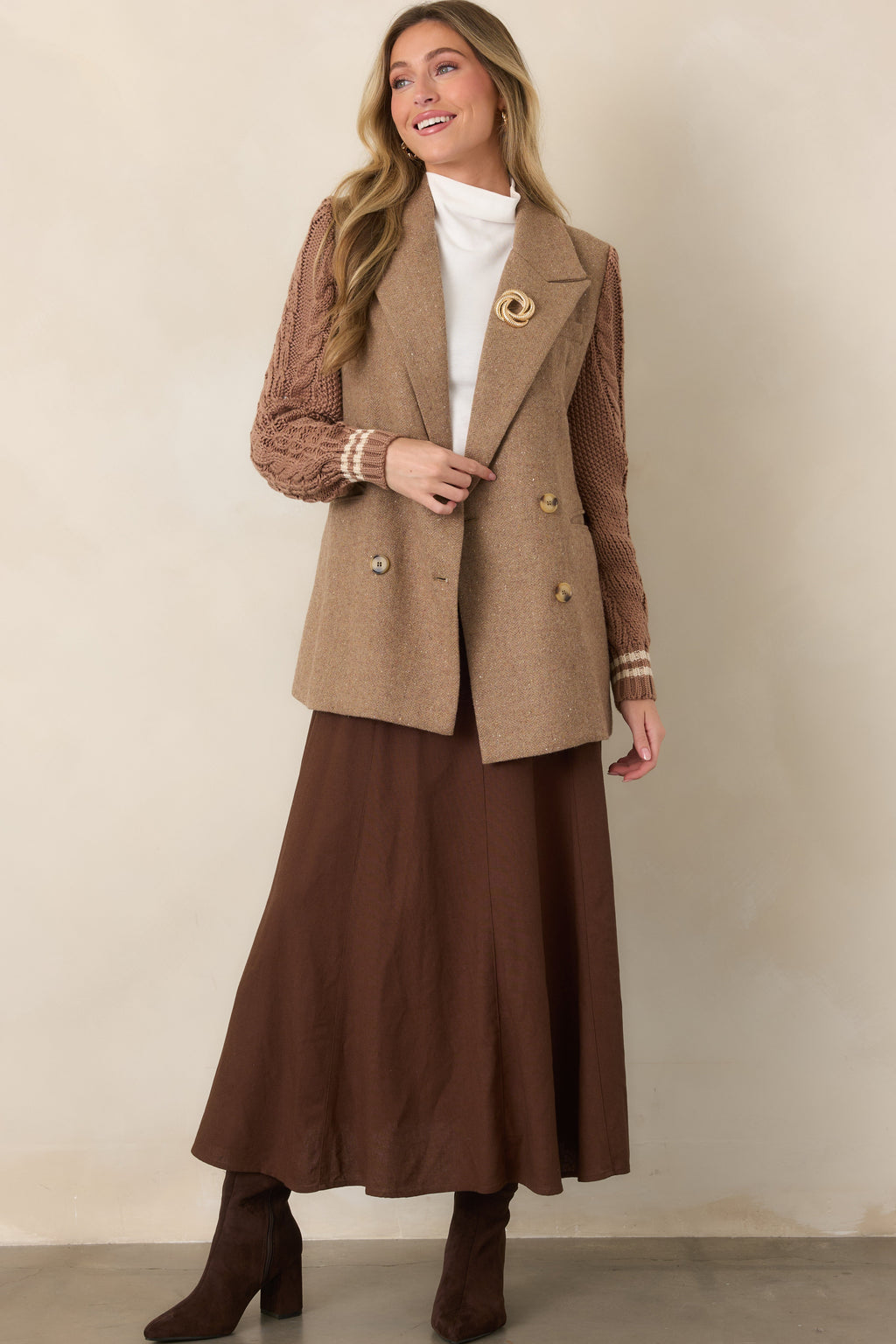Well Suited Camel Wool Blend Knit Sweater Sleeve Blazer