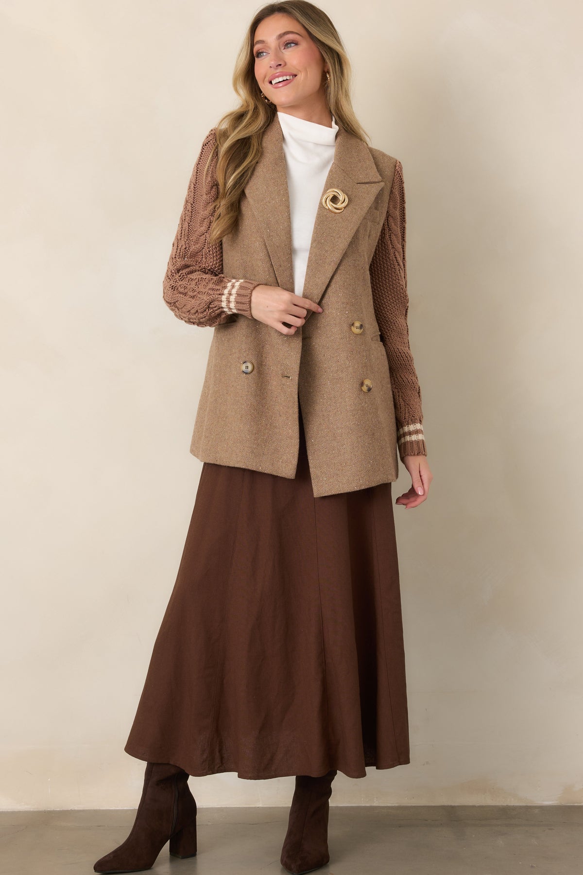 Well Suited Camel Wool Blend Knit Sweater Sleeve Blazer