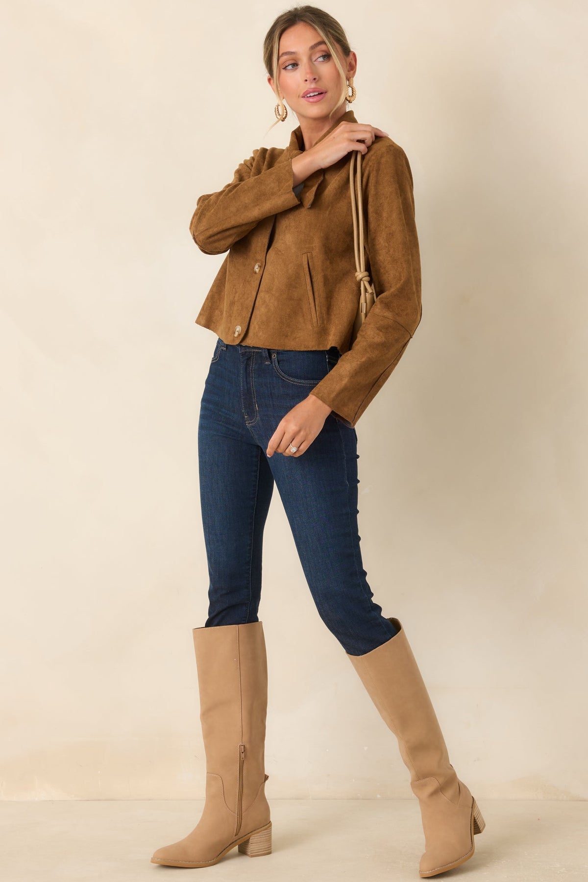Tied to the Occasion Camel Faux Suede Tie Neck Jacket
