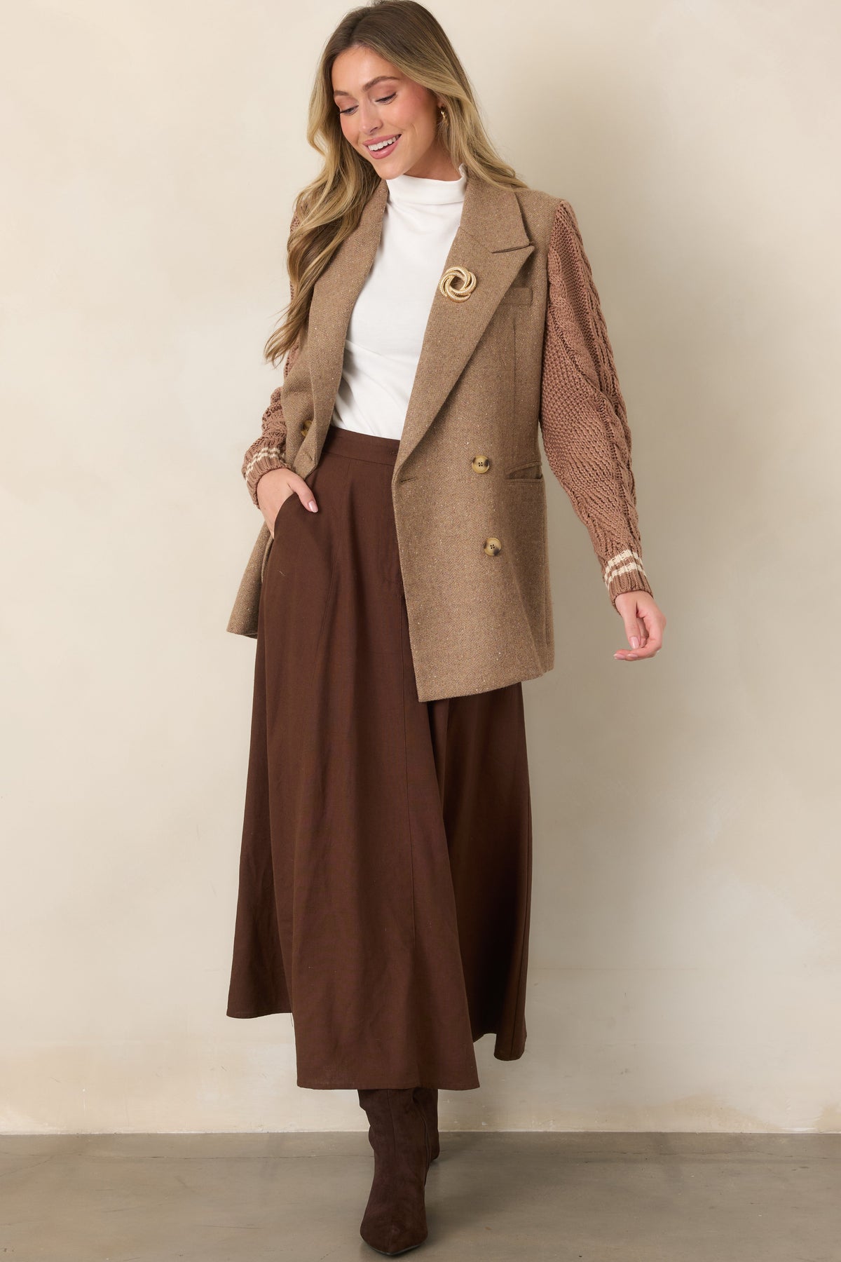 Well Suited Camel Wool Blend Knit Sweater Sleeve Blazer