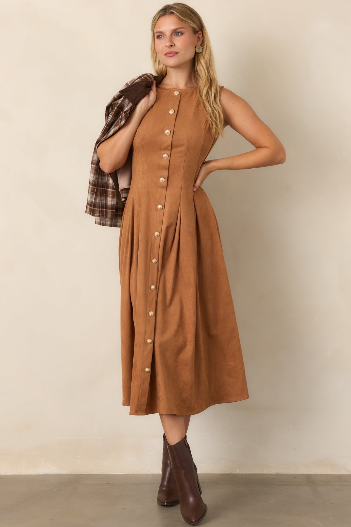Worth Your While Camel Faux Suede Gold Button Midi Dress