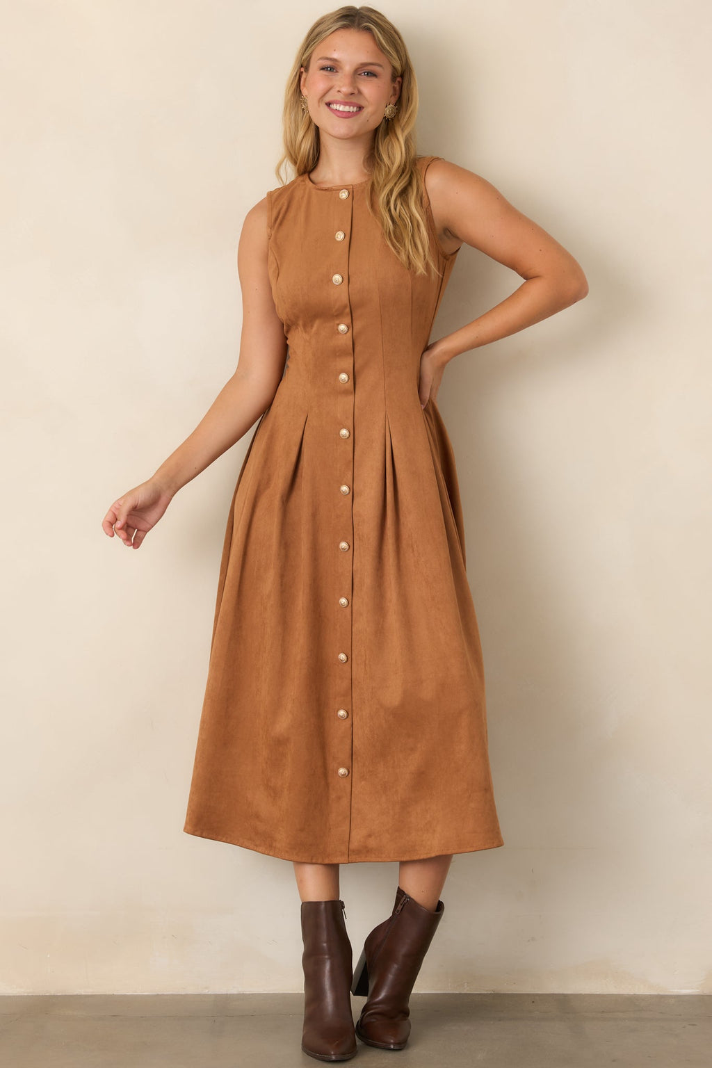 Worth Your While Camel Faux Suede Gold Button Midi Dress