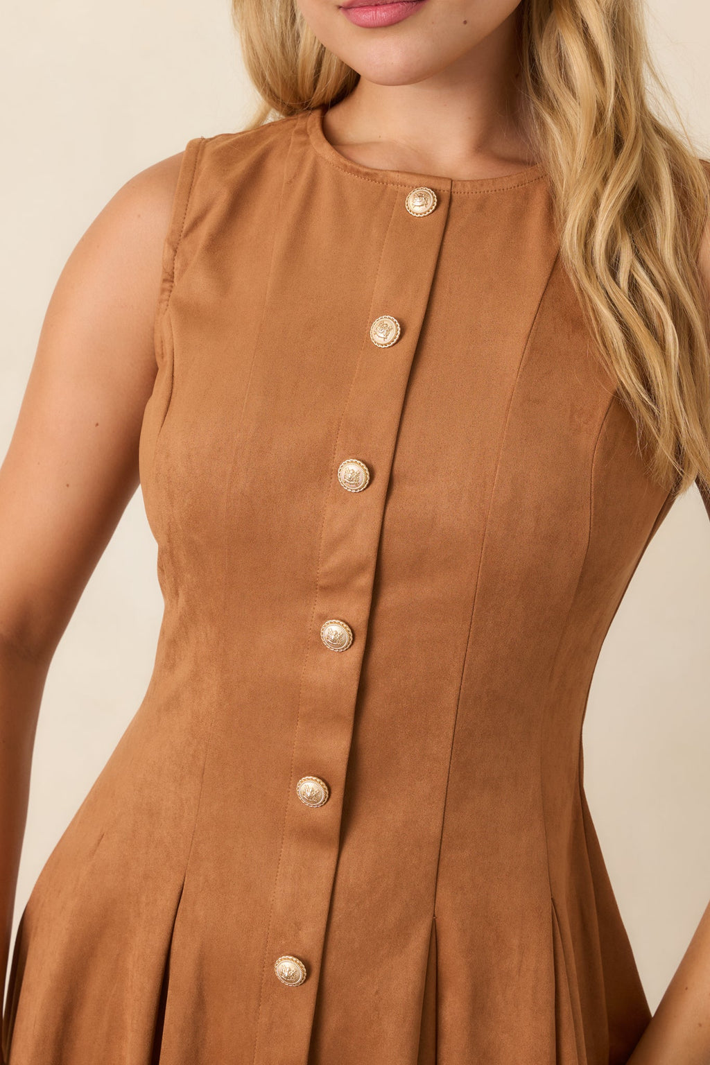 Worth Your While Camel Faux Suede Gold Button Midi Dress