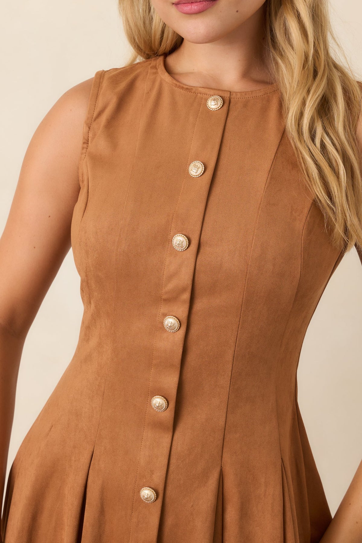 Worth Your While Camel Faux Suede Gold Button Midi Dress