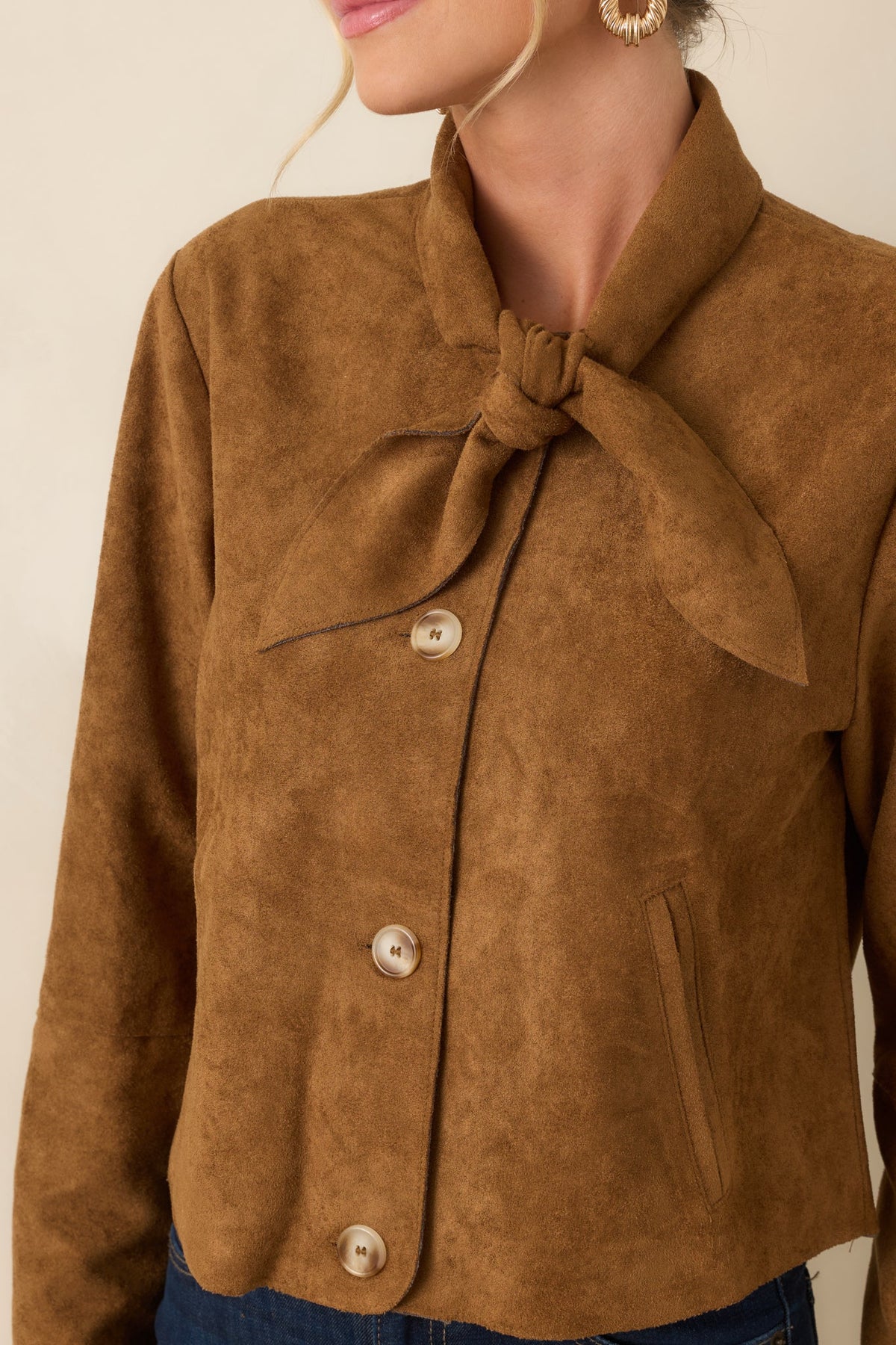 Tied to the Occasion Camel Faux Suede Tie Neck Jacket