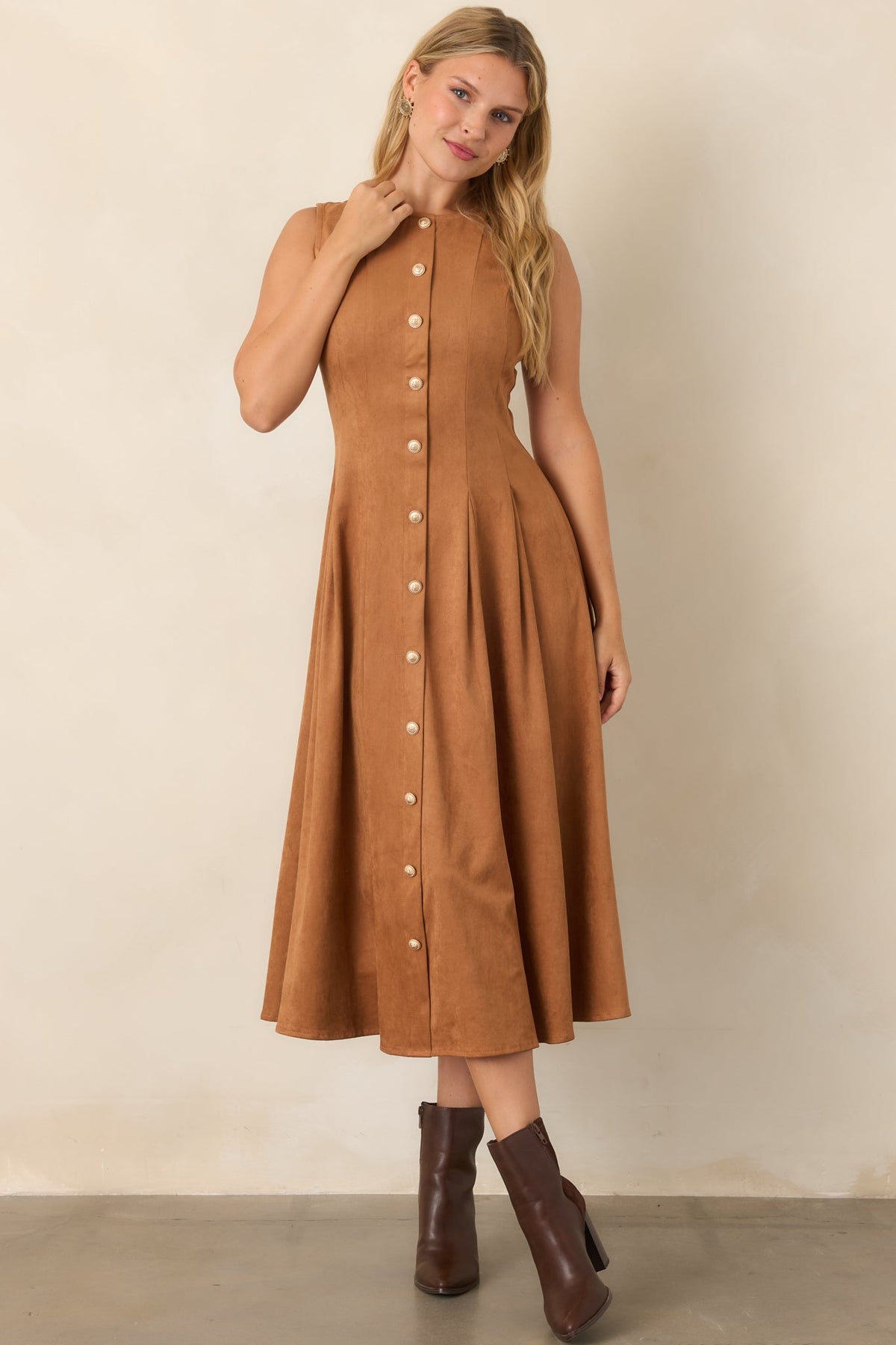Worth Your While Camel Faux Suede Gold Button Midi Dress