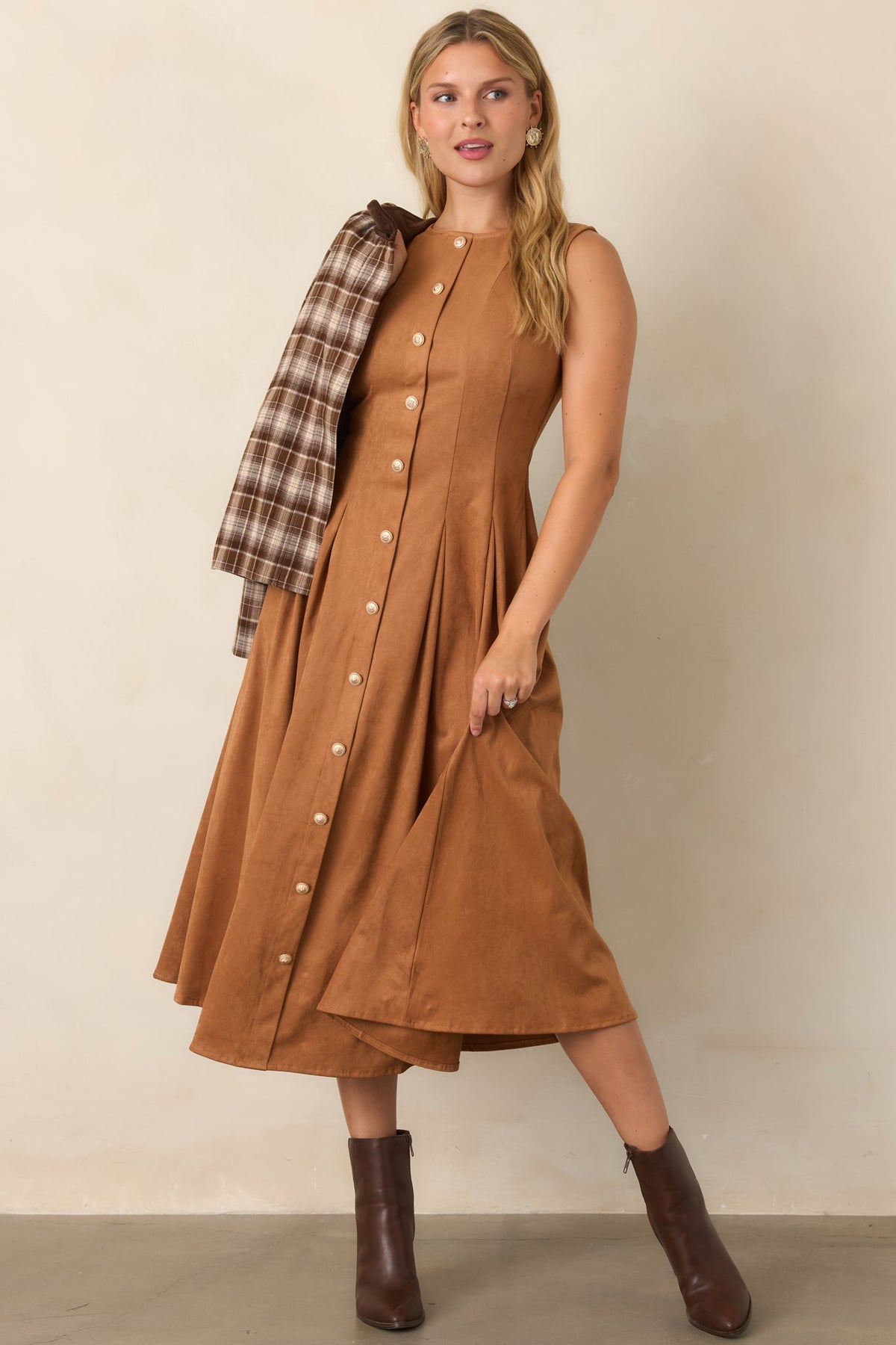 Worth Your While Camel Faux Suede Gold Button Midi Dress