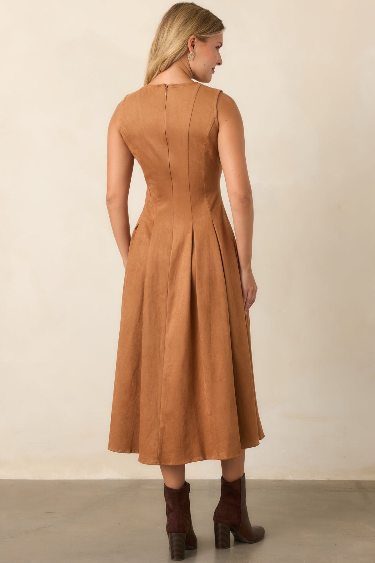 Worth Your While Camel Faux Suede Gold Button Midi Dress