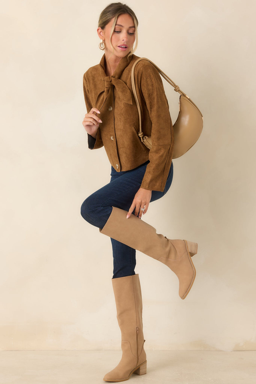 Tied to the Occasion Camel Faux Suede Tie Neck Jacket