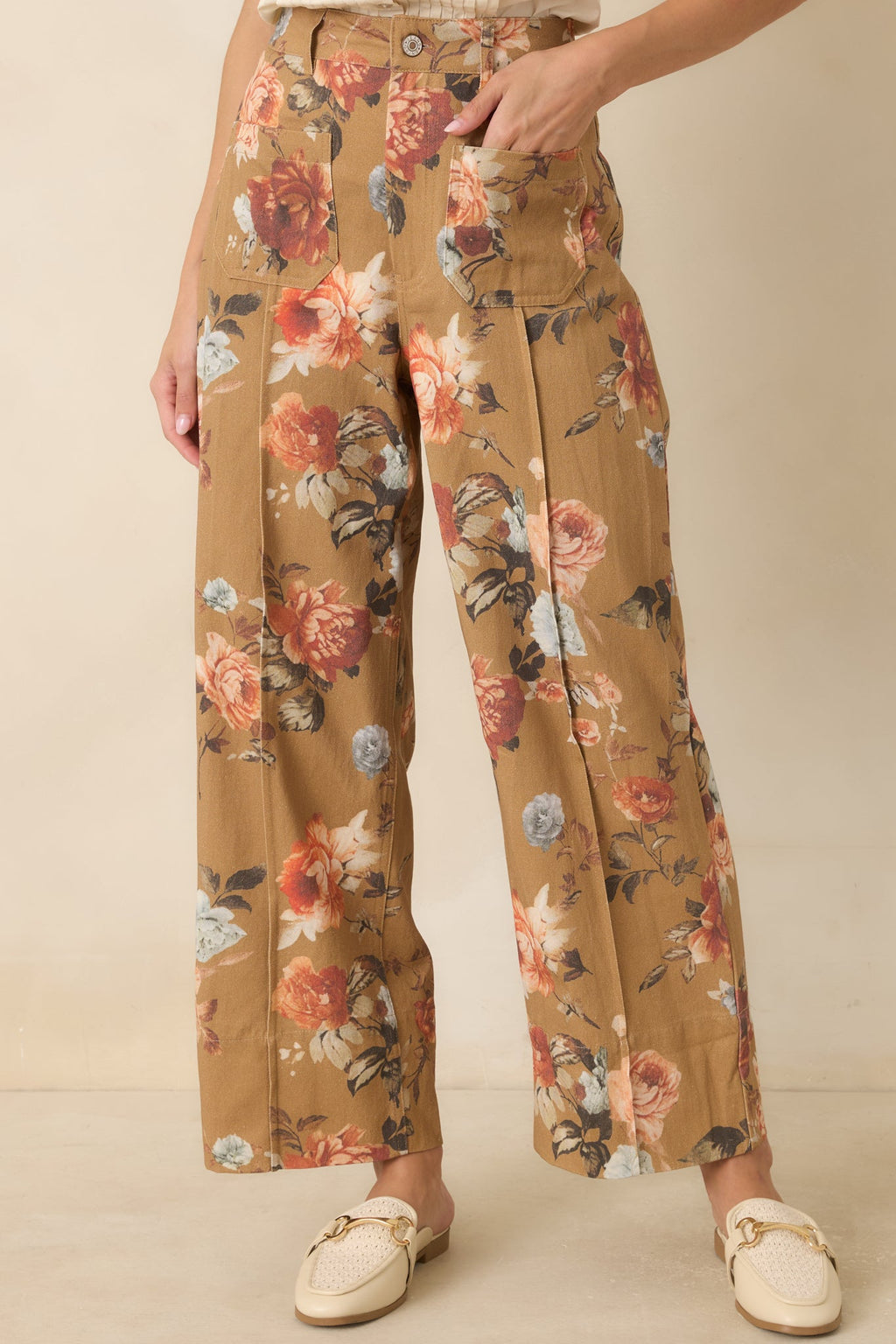 Gathering Roses Camel Floral Wide Leg Pants