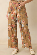 Gathering Roses Camel Floral Wide Leg Pants