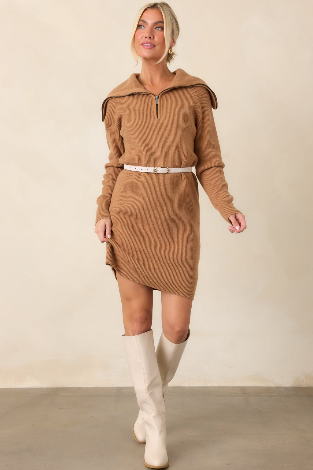 Ease Into It Camel Brown Knit Half-Zip Funnel Collar Longline Sweater Dress