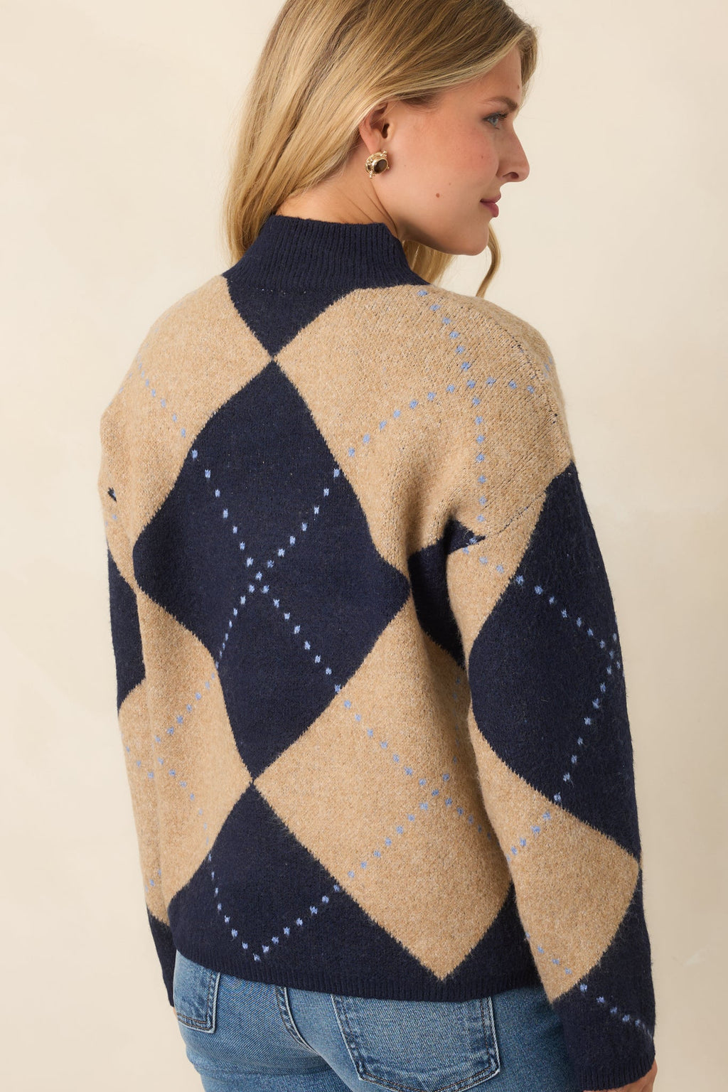Varsity Social Camel & Navy Argyle Knit Sweater