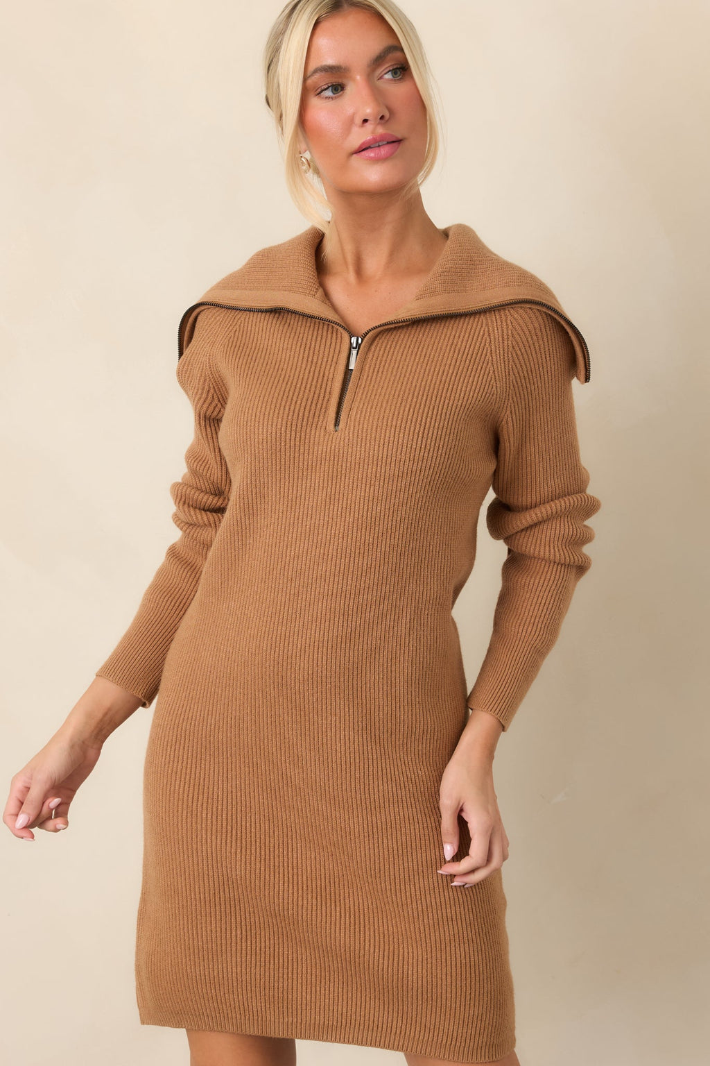 Ease Into It Camel Brown Knit Half-Zip Funnel Collar Longline Sweater Dress