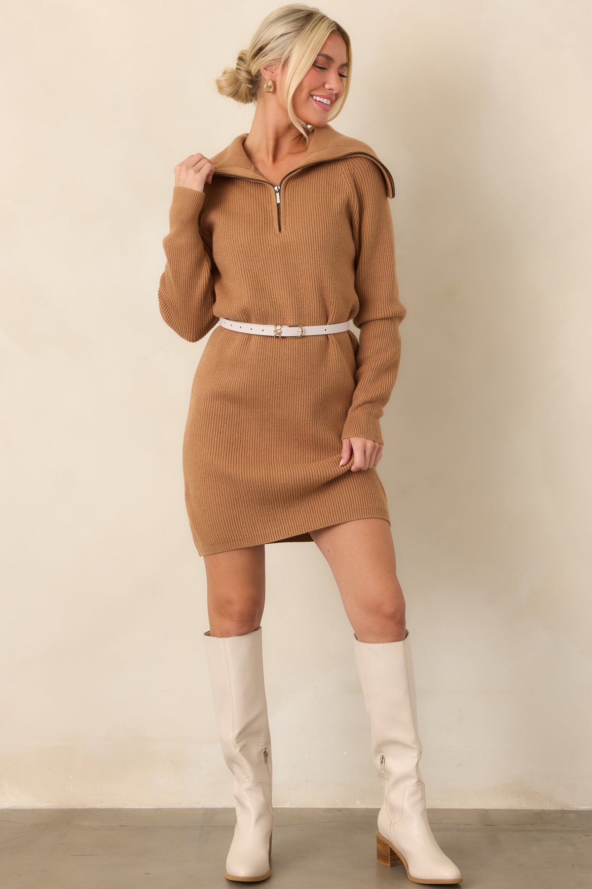Ease Into It Camel Brown Knit Half-Zip Funnel Collar Longline Sweater Dress