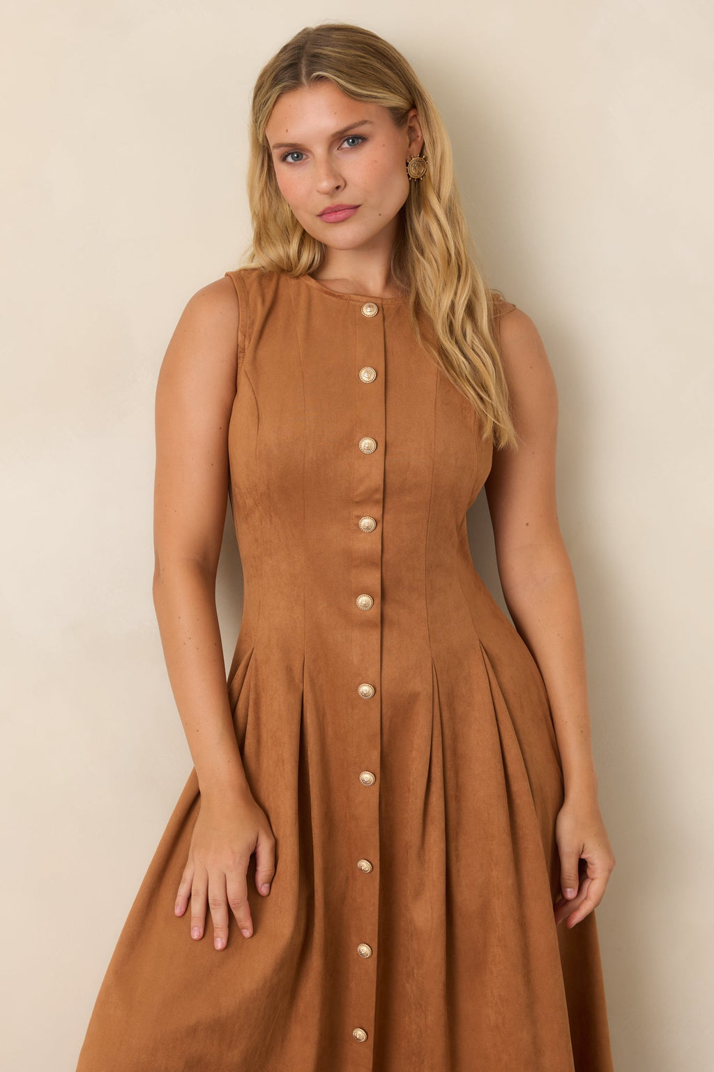Worth Your While Camel Faux Suede Gold Button Midi Dress