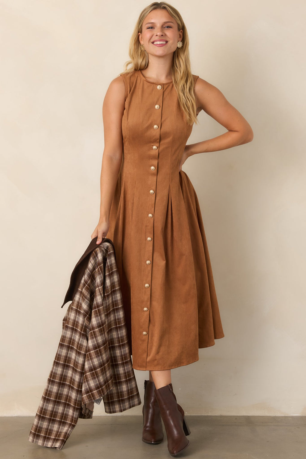 Worth Your While Camel Faux Suede Gold Button Midi Dress