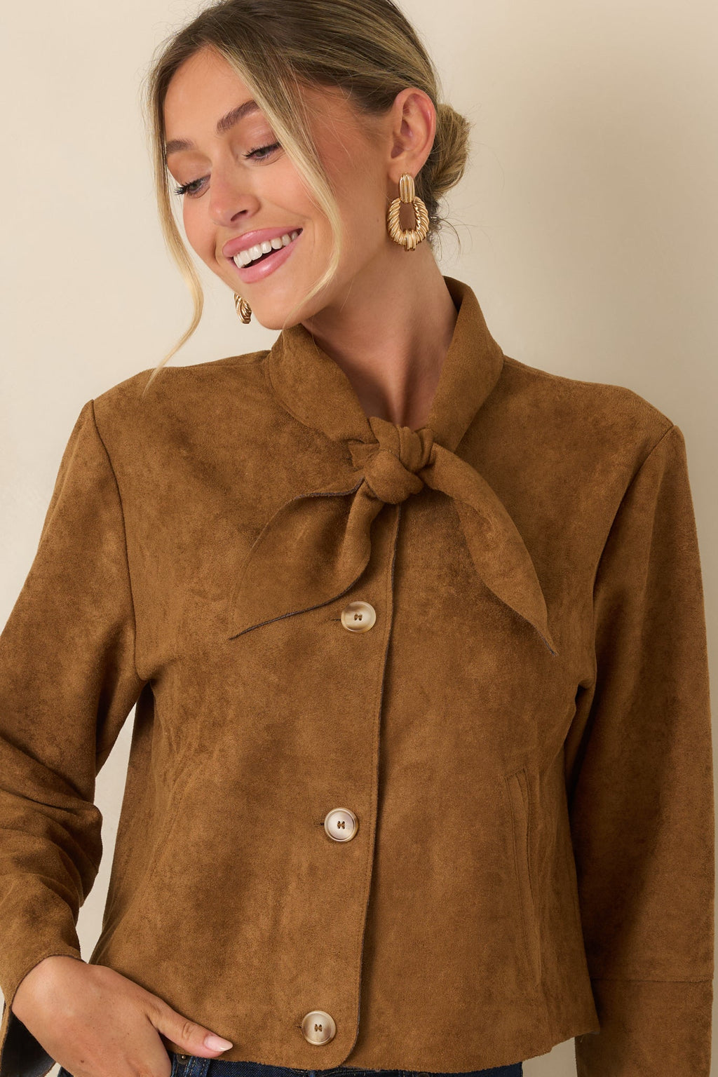 Tied to the Occasion Camel Faux Suede Tie Neck Jacket