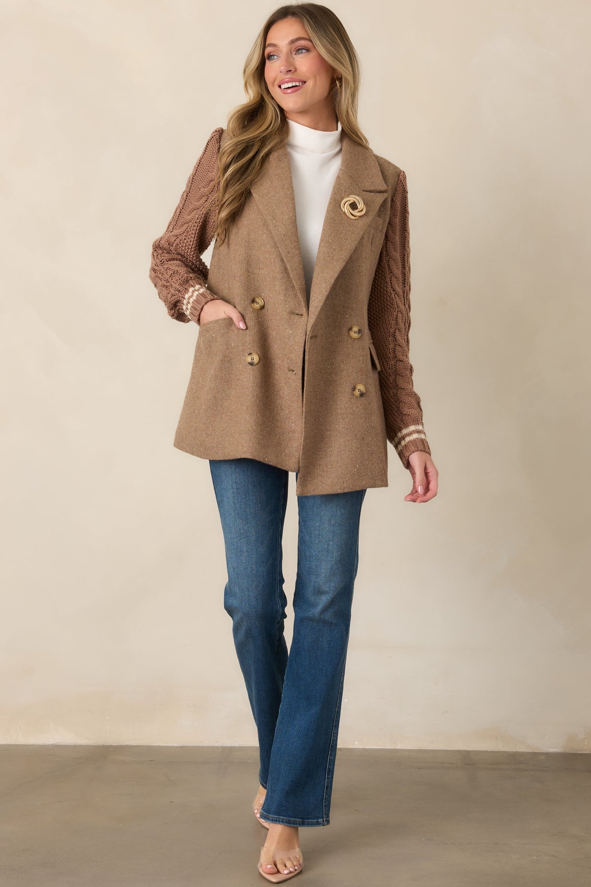 Well Suited Camel Wool Blend Knit Sweater Sleeve Blazer