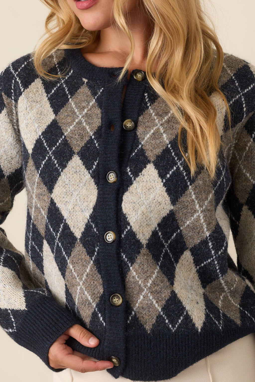 First in Class Navy Multi Argyle Knit Cardigan