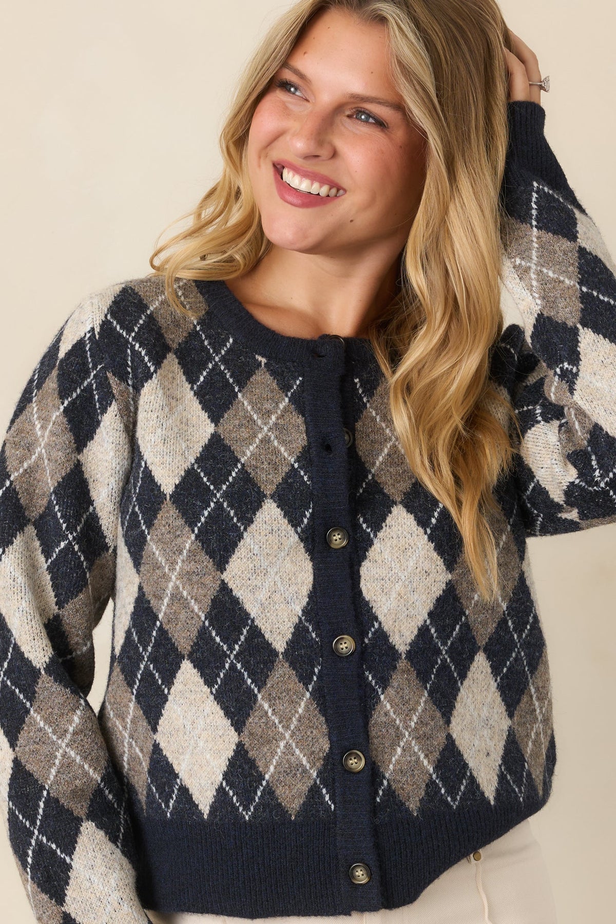 First in Class Navy Multi Argyle Knit Cardigan